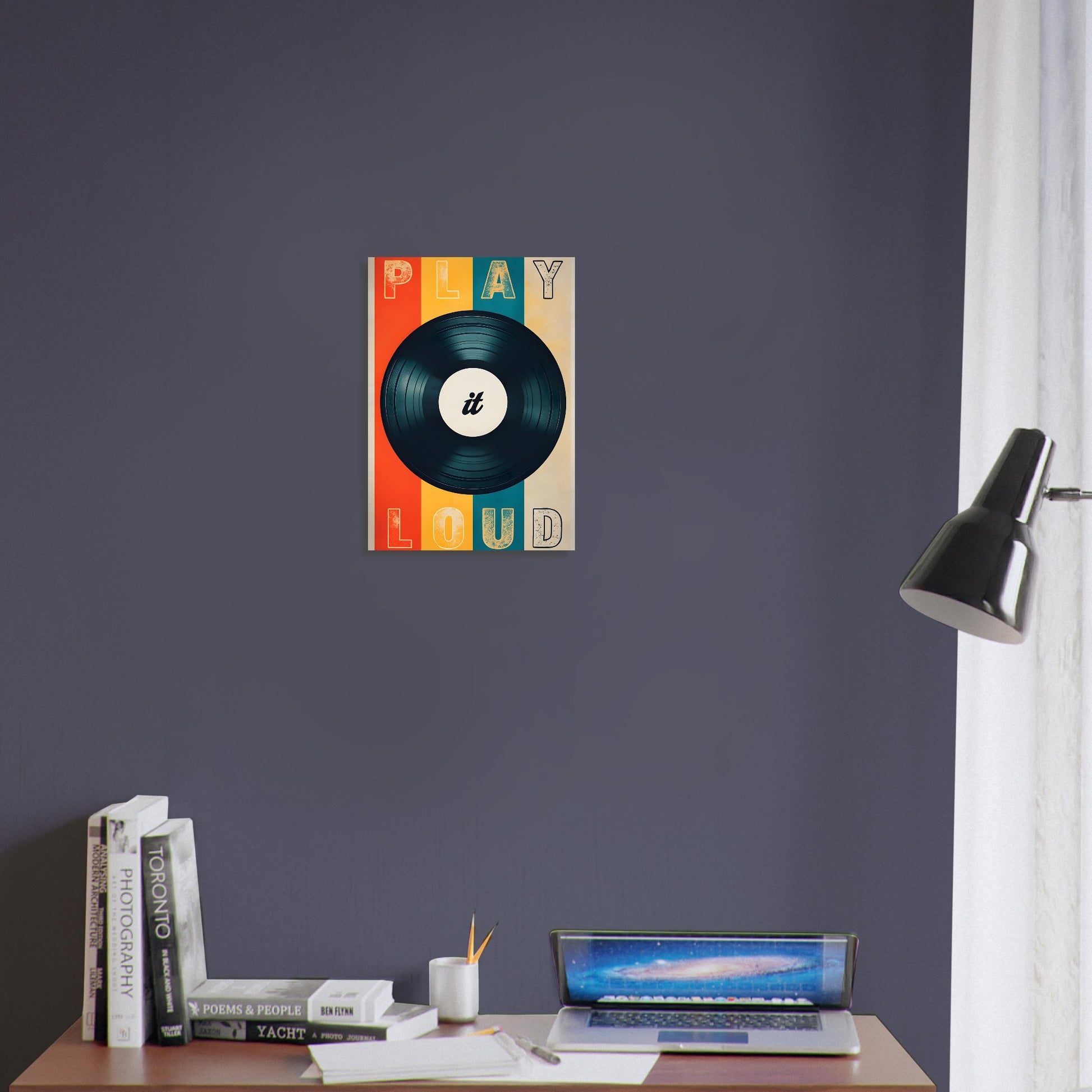Retro wall art poster featuring a black vinyl record with colorful ˜Play It Loud™ typography in bold vintage style.