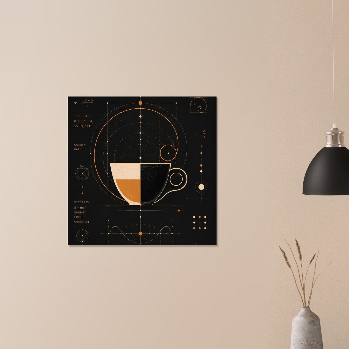Contemporary geometric coffee artwork displayed in a bright minimalist living room.