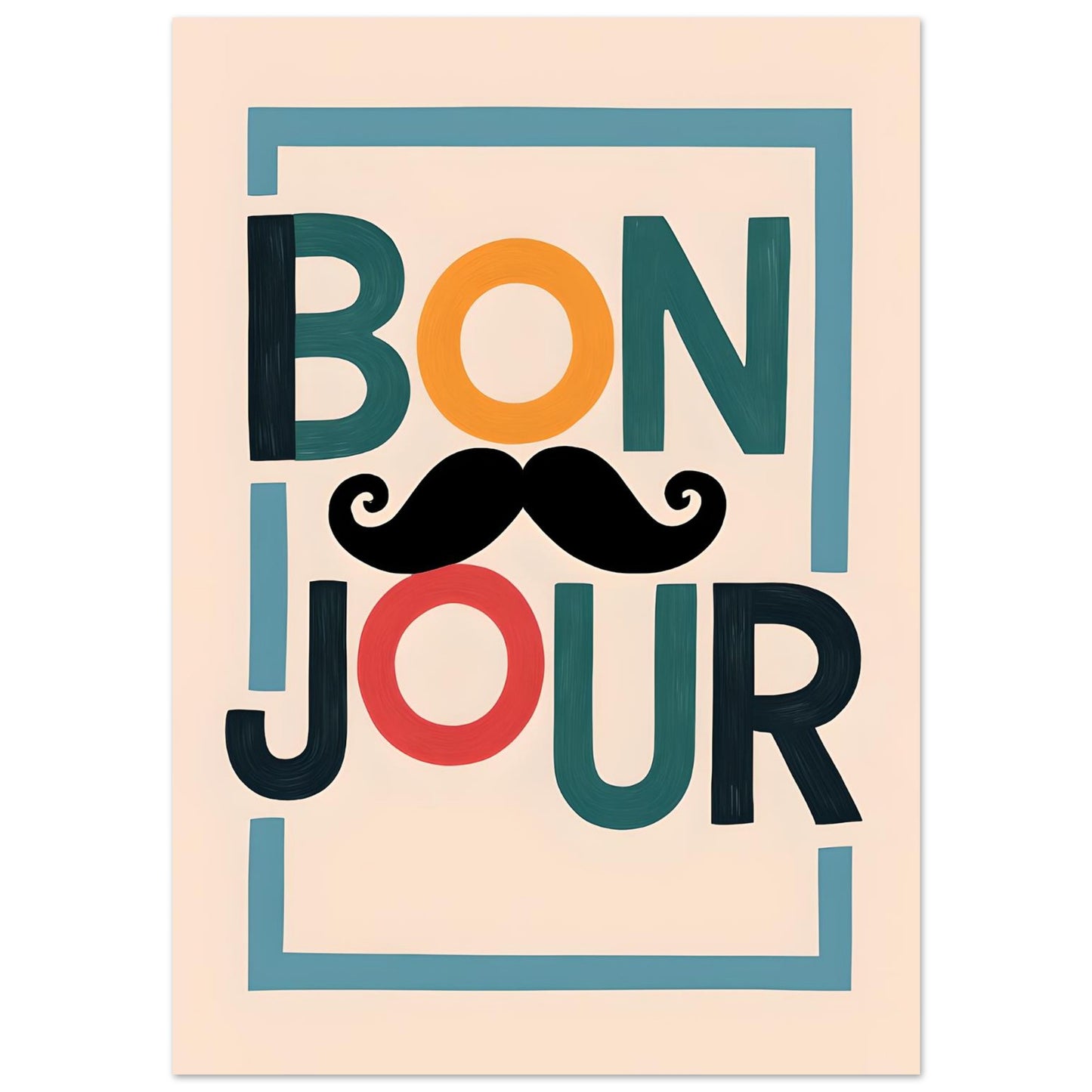 Bonjour Poster - Quirky French Greeting Wall Art with Mustache - Fun Living Room & Café Decor