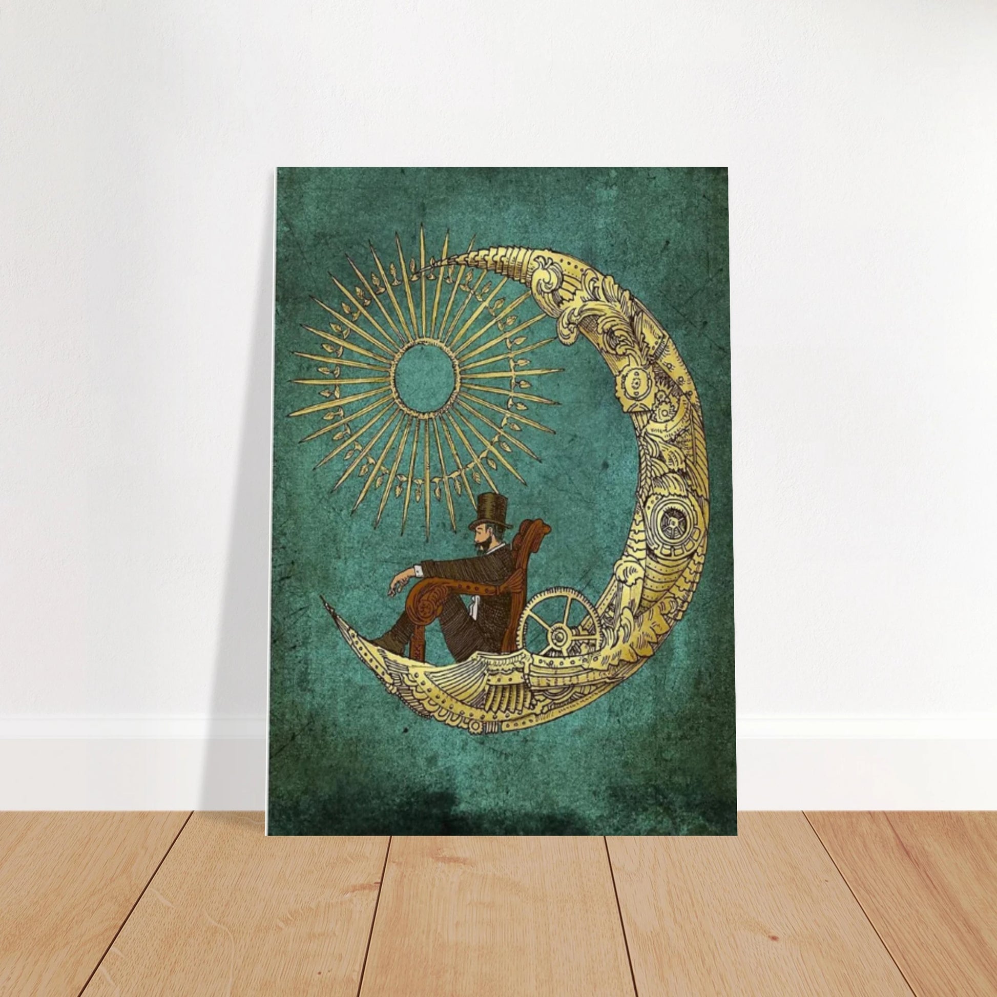 Decorative poster with a vintage-style illustration of a person on a crescent moon against a textured green background.