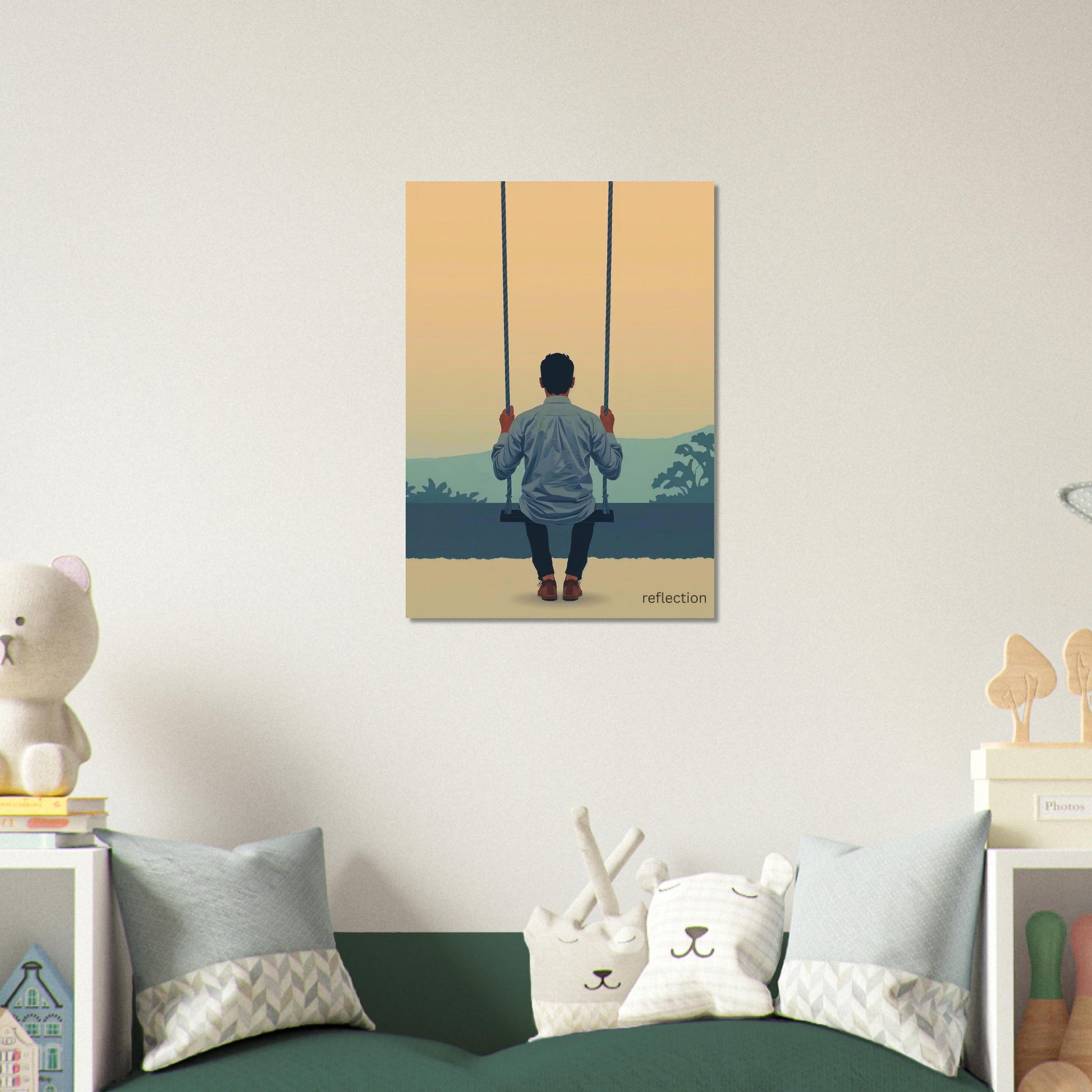 Canvas print of a person on a swing against a sunset sky in a room with decorative pillows and toys.