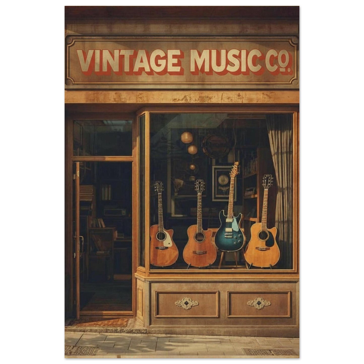 Vintage Music Co. store front with guitars in the window