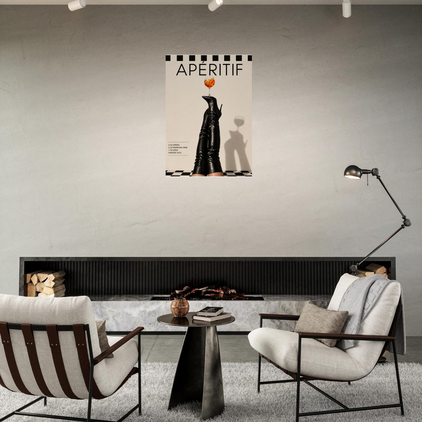 Luxury fashion poster hanging above contemporary dining space with monochrome styling