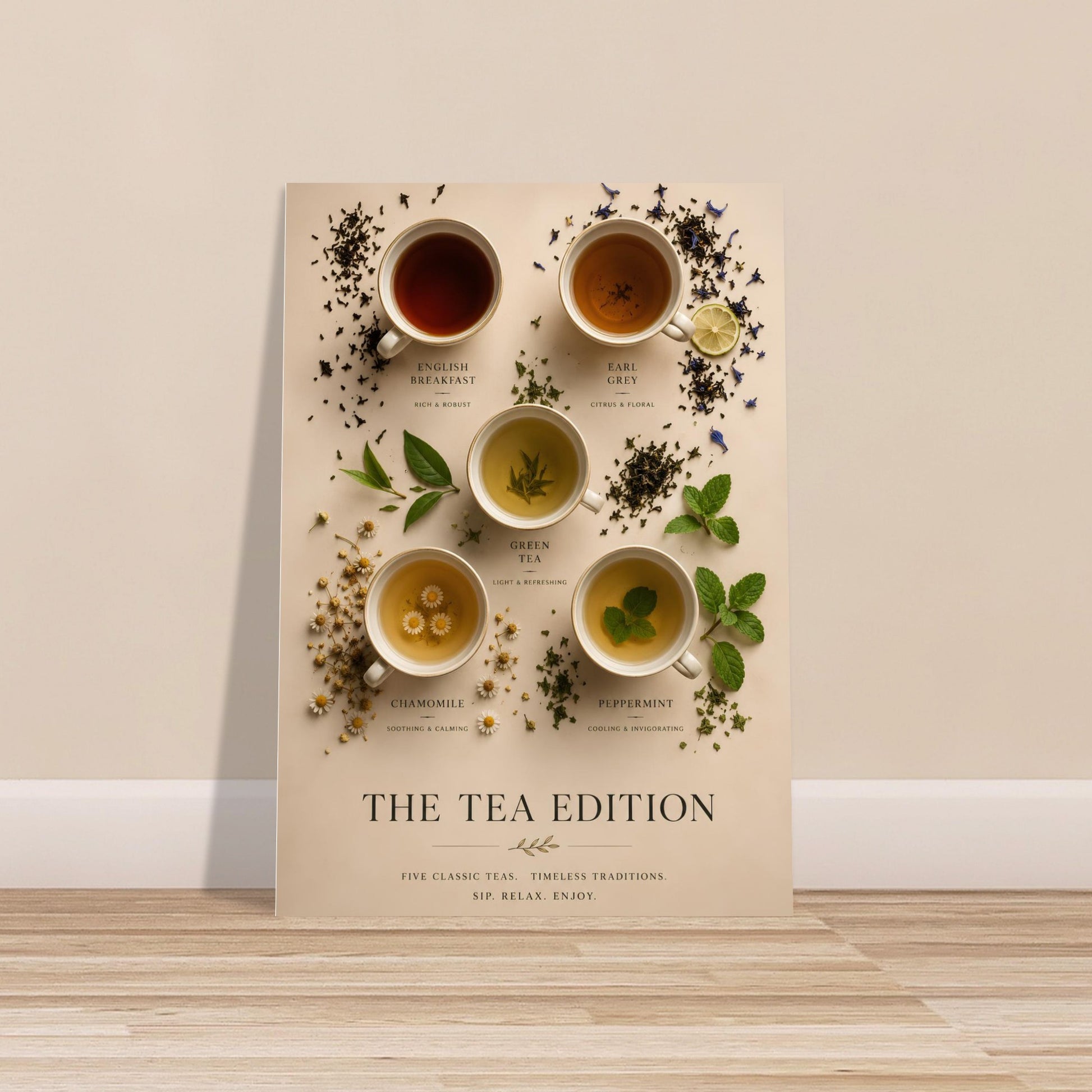 Tea Edition Poster leaning against a wall on a wooden floor in a minimalist neutral interior.