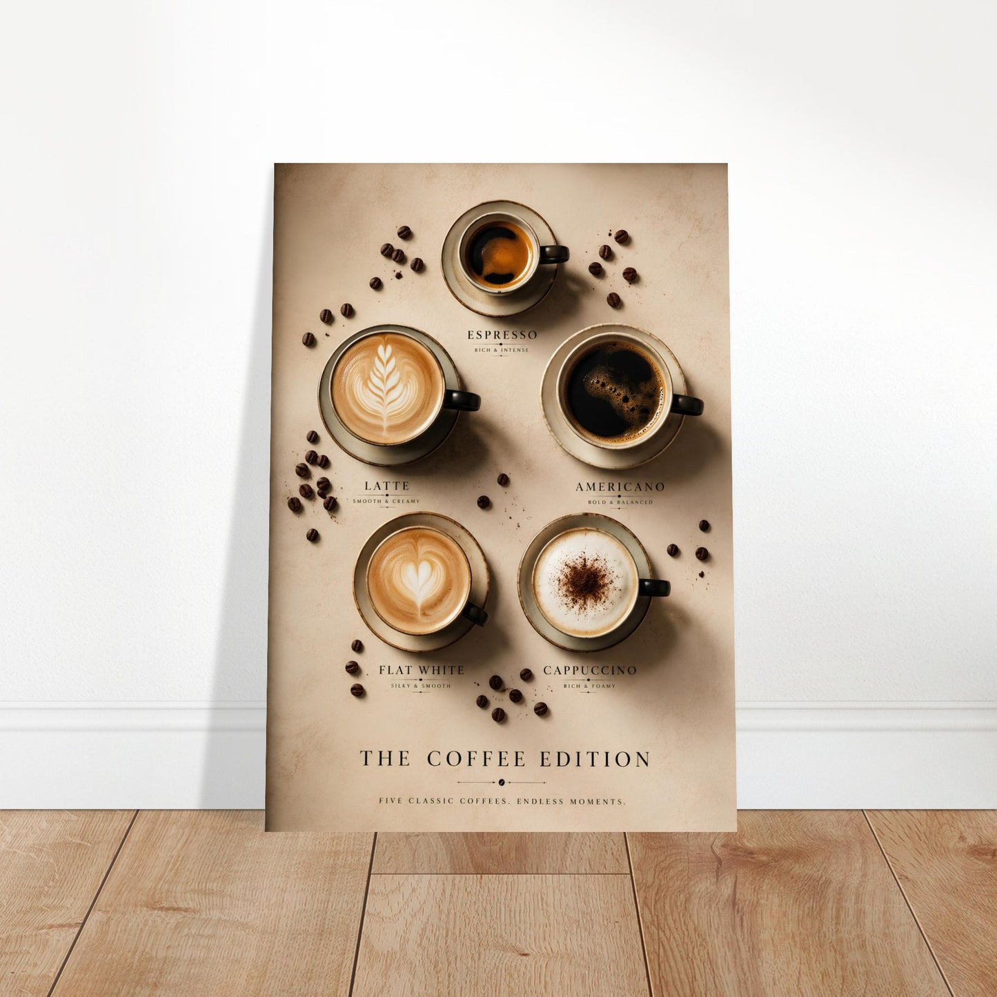 Poster of coffee cups with different types of coffee on a wooden floor.