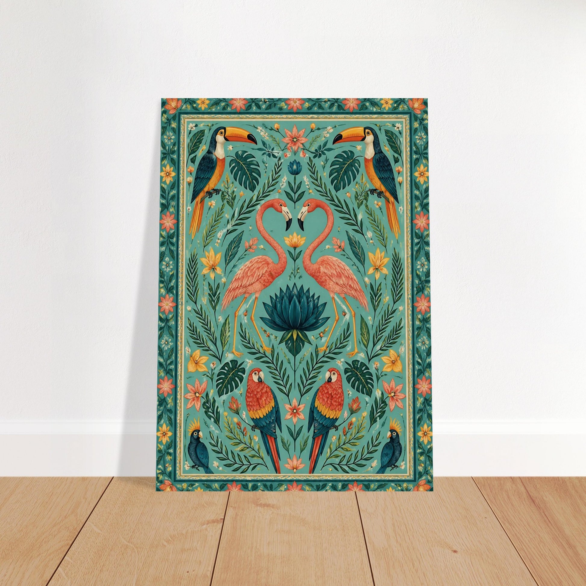 Tropical flamingo folk art poster with teal background and coral birds displayed on wooden floor against neutral wall