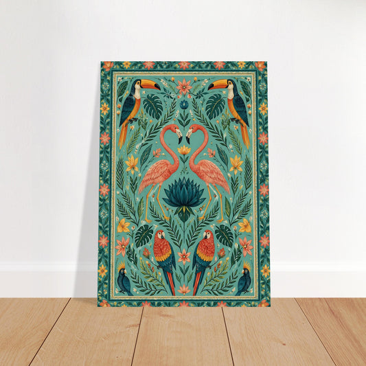 Tropical flamingo folk art poster with teal background and coral birds displayed on wooden floor against neutral wall