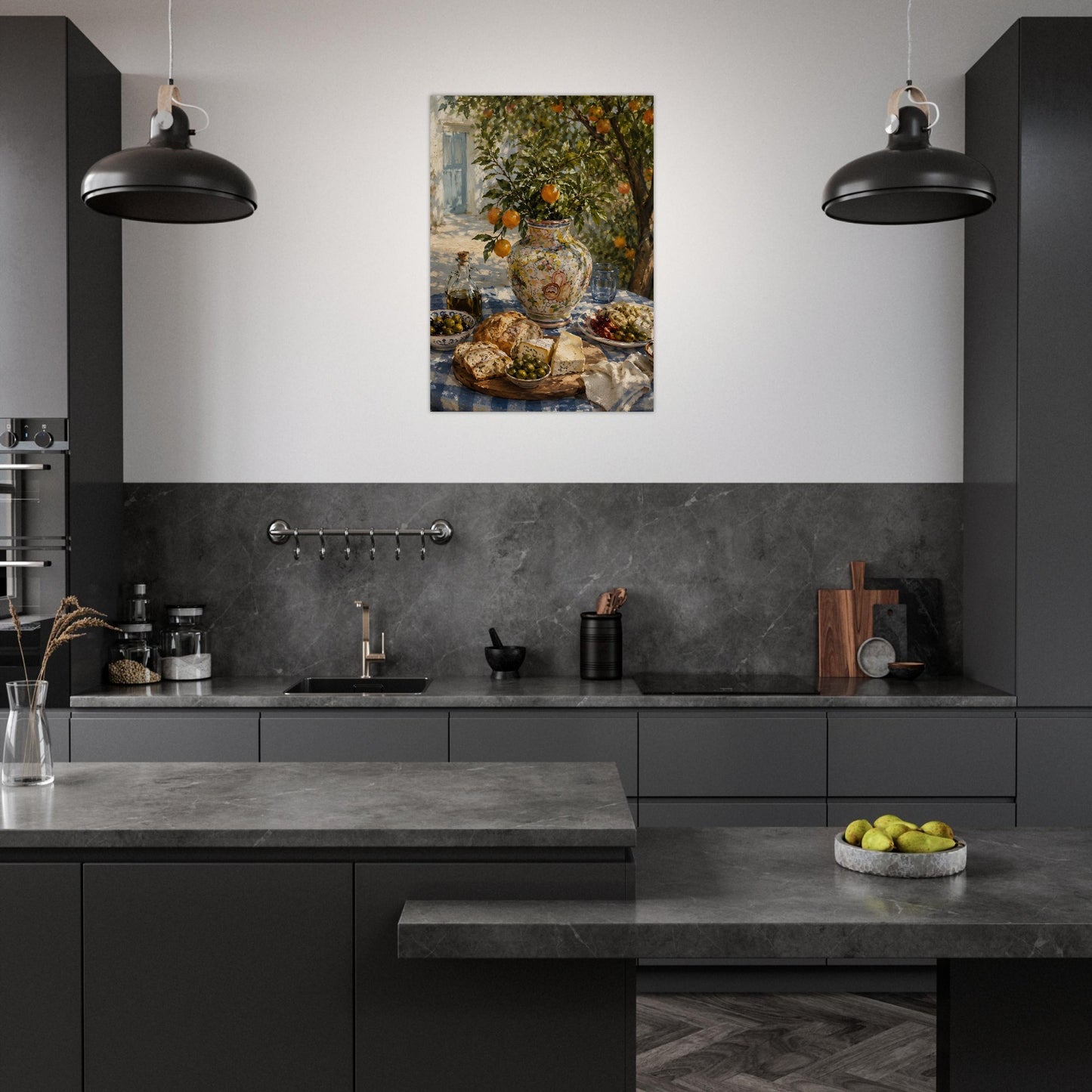 Rustic Mediterranean kitchen featuring Amalfi Coast inspired still life artwork above dark modern counter
