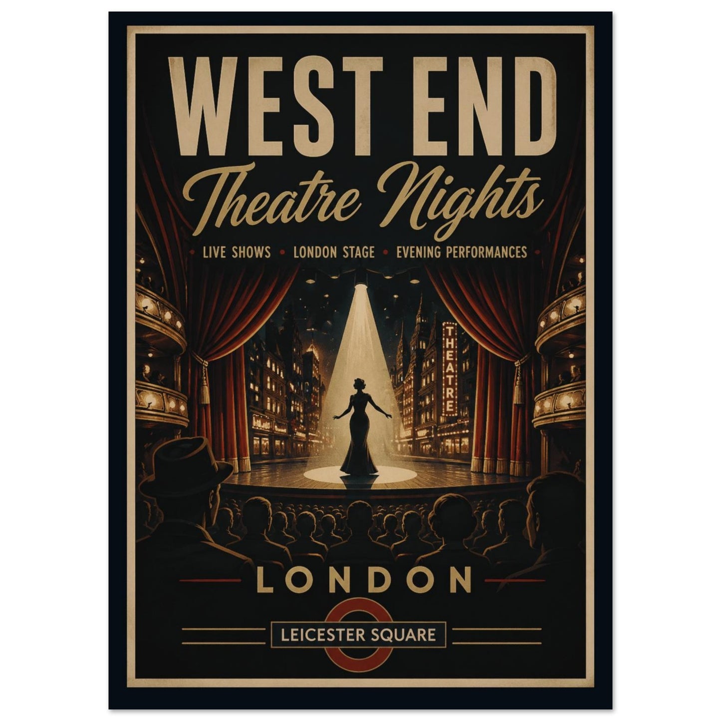 Poster advertising West End Theatre Nights with a stage and curtain design.
