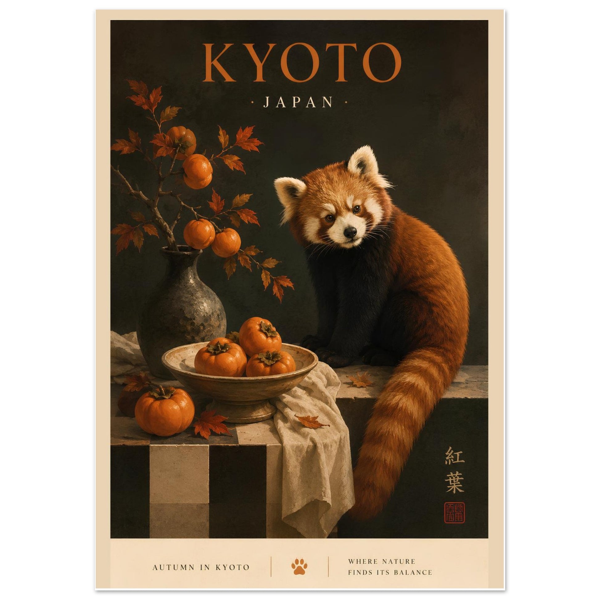 Poster of a red panda with autumn fruits and 'Kyoto, Japan' text.