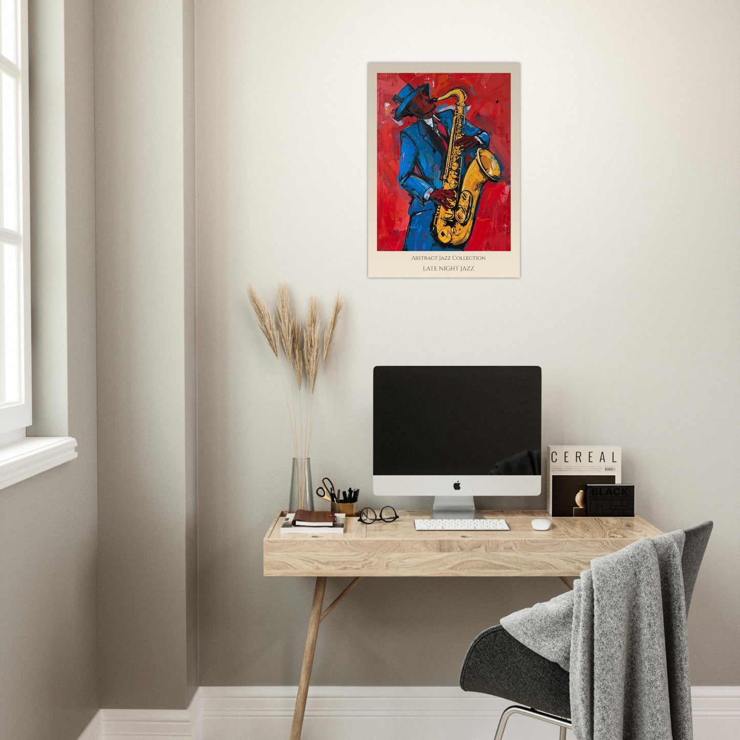 Abstract jazz saxophone wall art poster – Late Night Jazz artwork with red background and blue suit musician