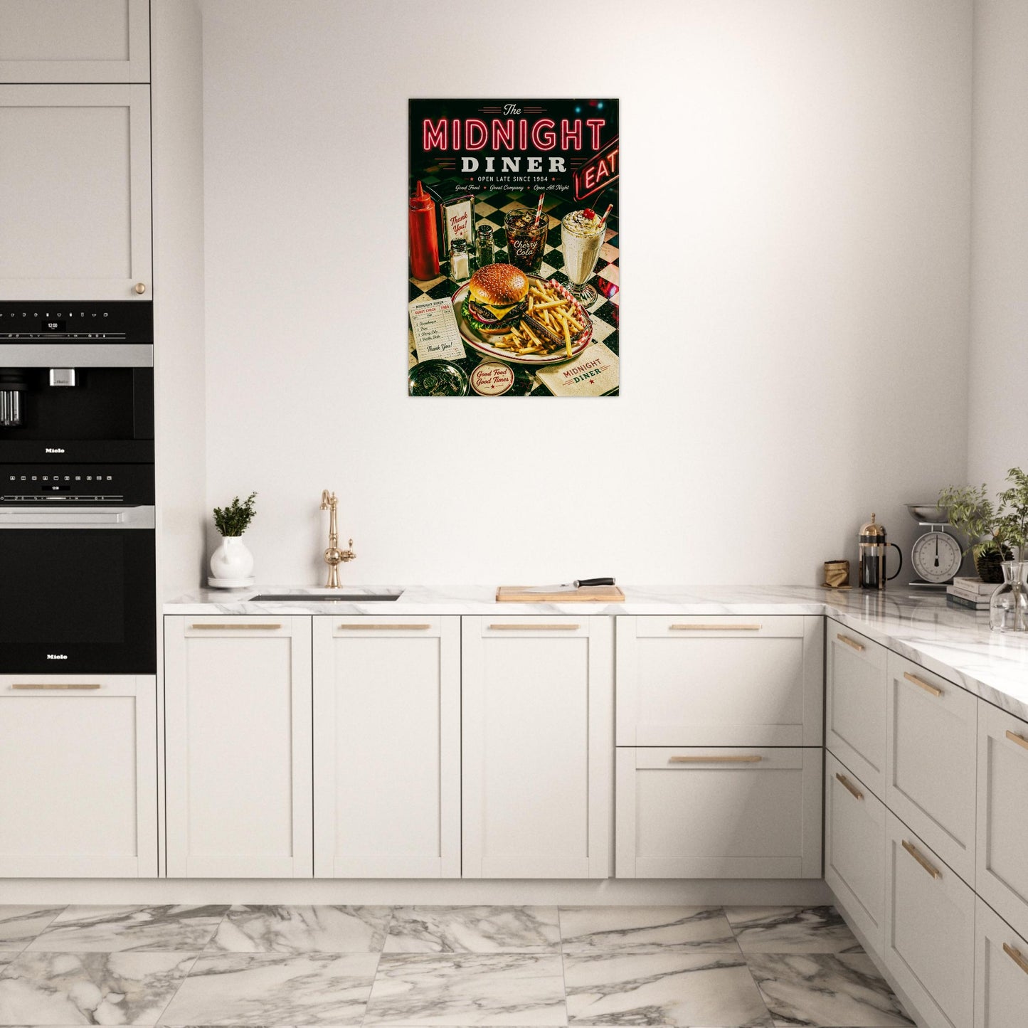 Kitchen with a vintage-style poster of a diner on the wall