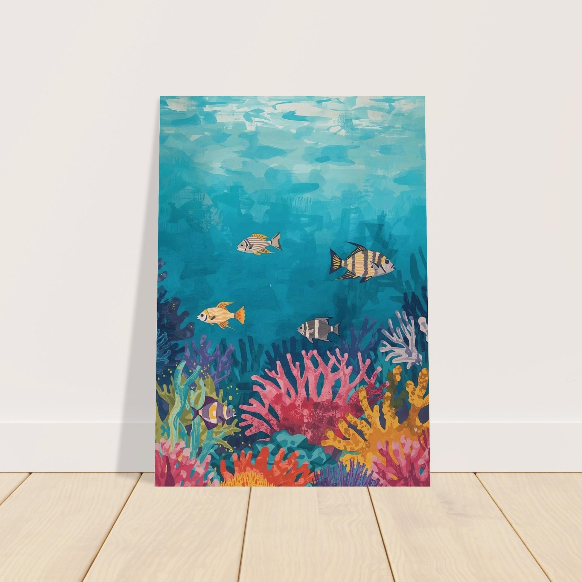 Colorful underwater scene with fish and coral on a white wall