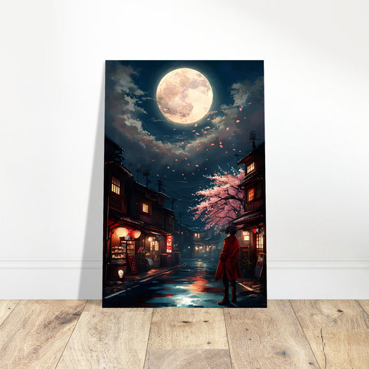 Urban street scene in Japan at night with a full moon glowing above city buildings, printed on matte paper wall art