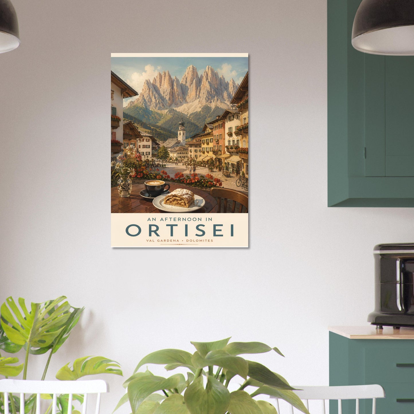 Ortisei travel poster displayed in a bright modern kitchen, adding European travel charm with its colourful village and mountain landscape.