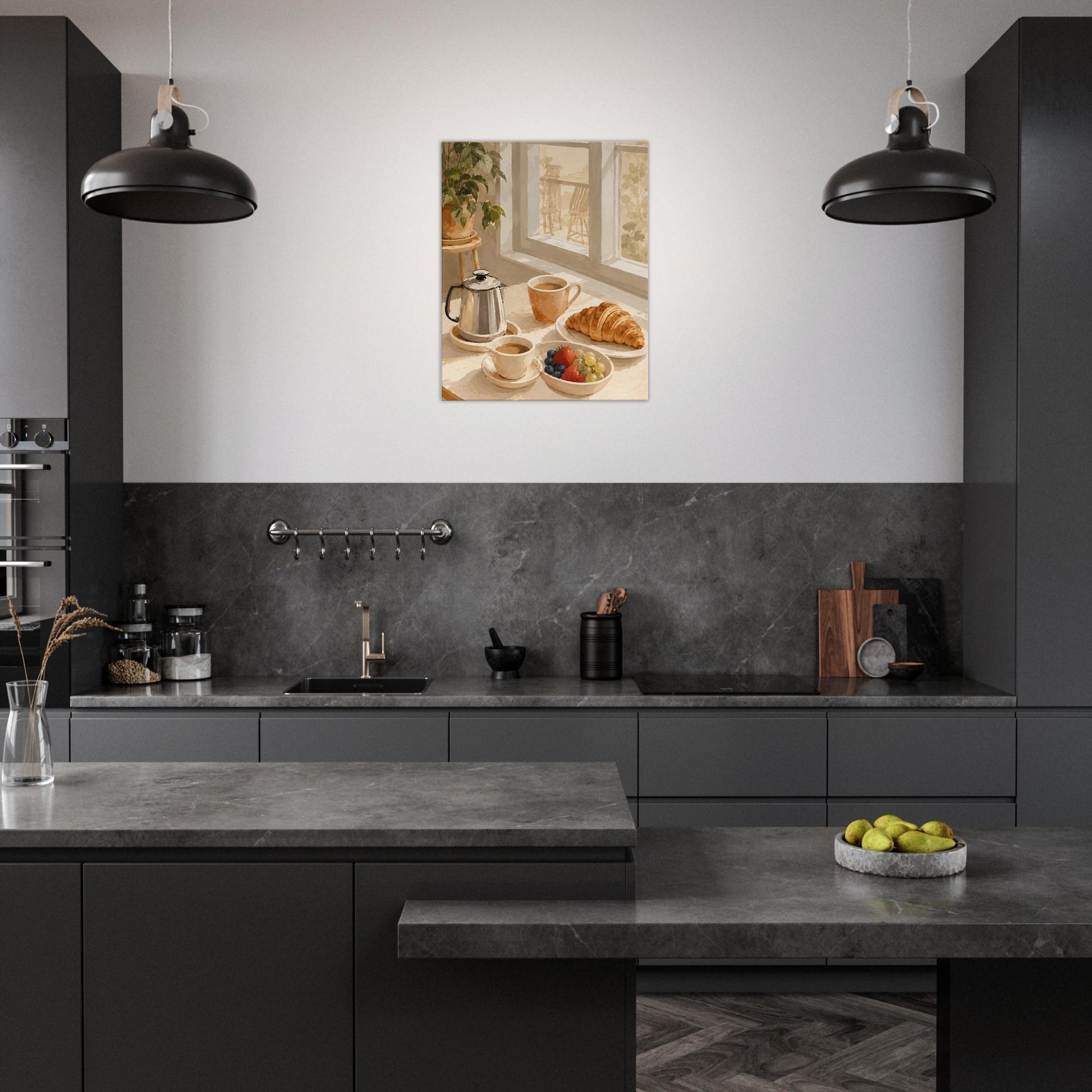 Breakfast coffee canvas print displayed in modern concrete kitchen with warm wood finishes