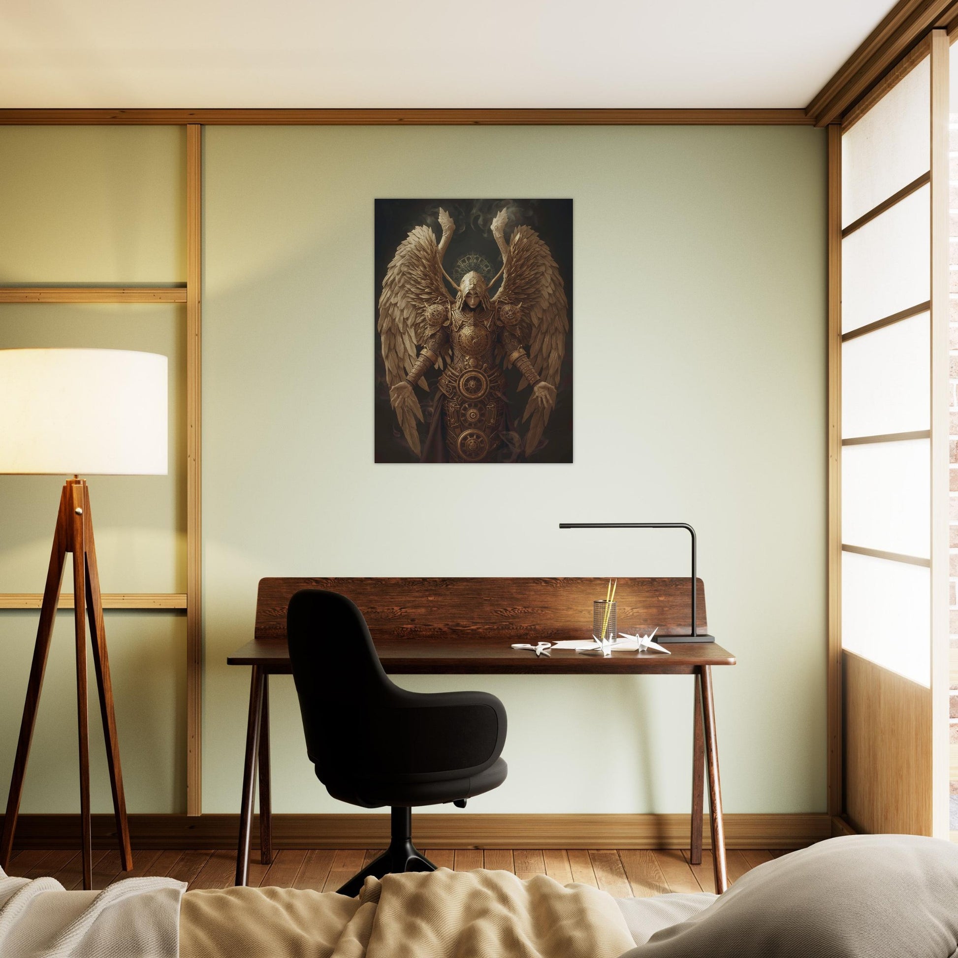 Modern bedroom with wooden desk, black chair, and wall art of a winged creature.