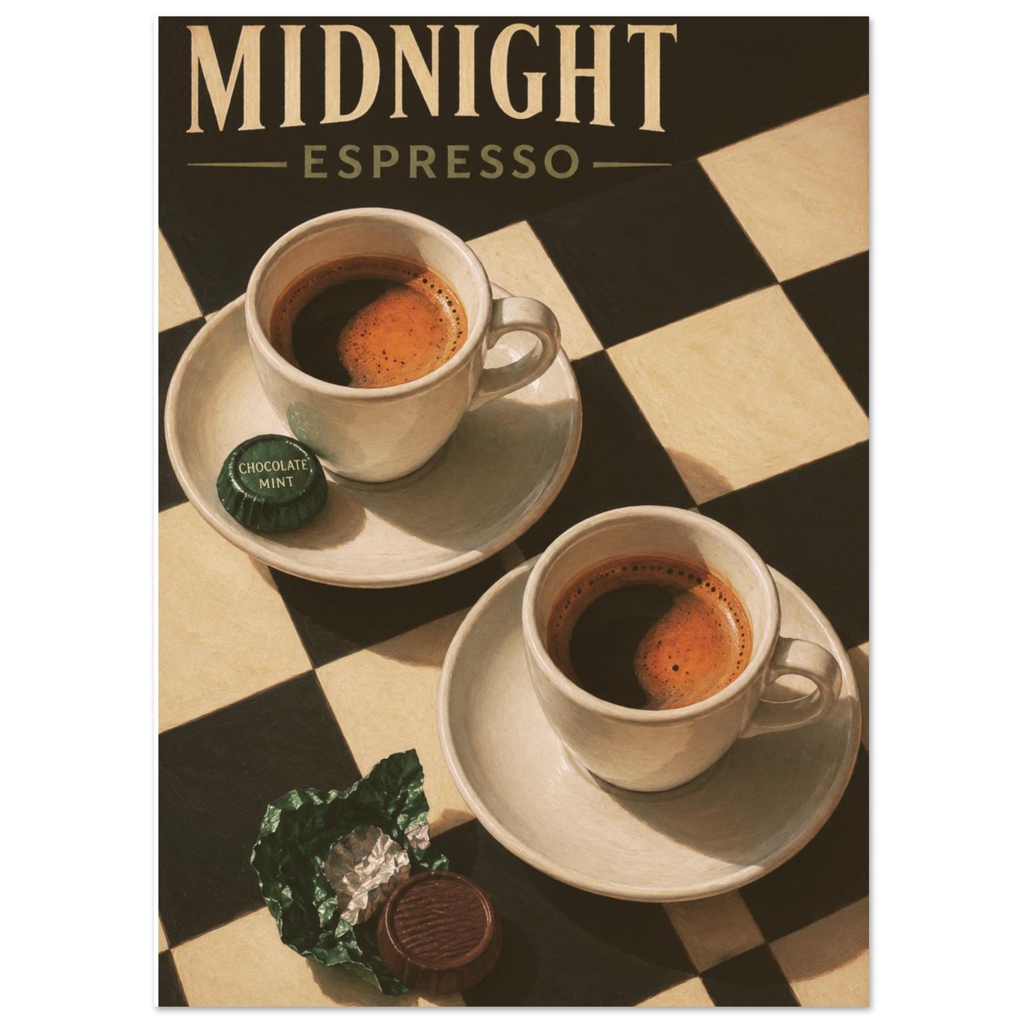 Midnight Espresso retro poster featuring two espresso cups, chocolate mints and a black and cream checkerboard design.