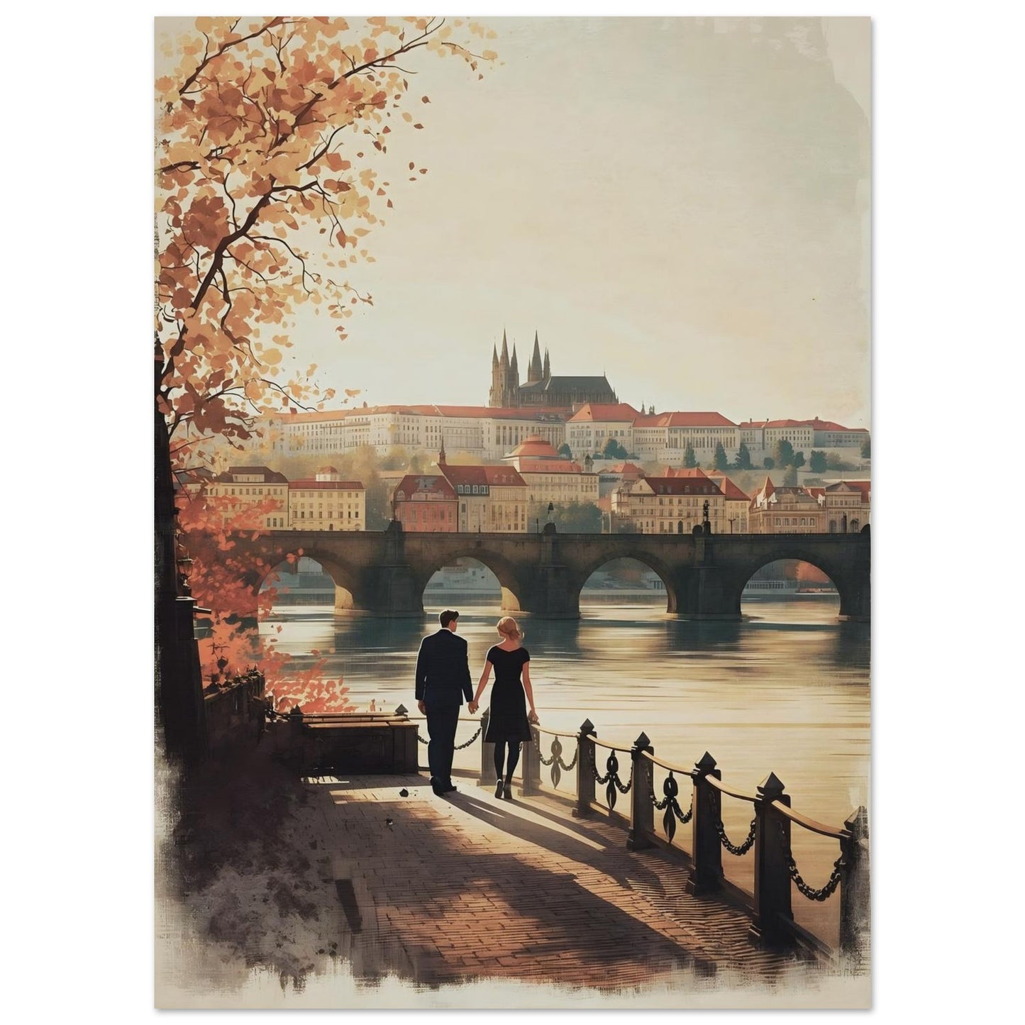 Romantic Prague poster with Charles Bridge and castle skyline at sunset