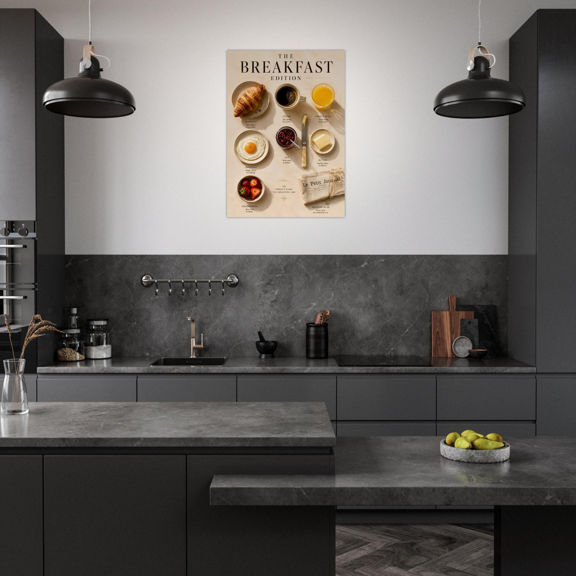 Breakfast Edition Poster displayed in a minimalist kitchen with neutral styling and breakfast-inspired food photography artwork.
