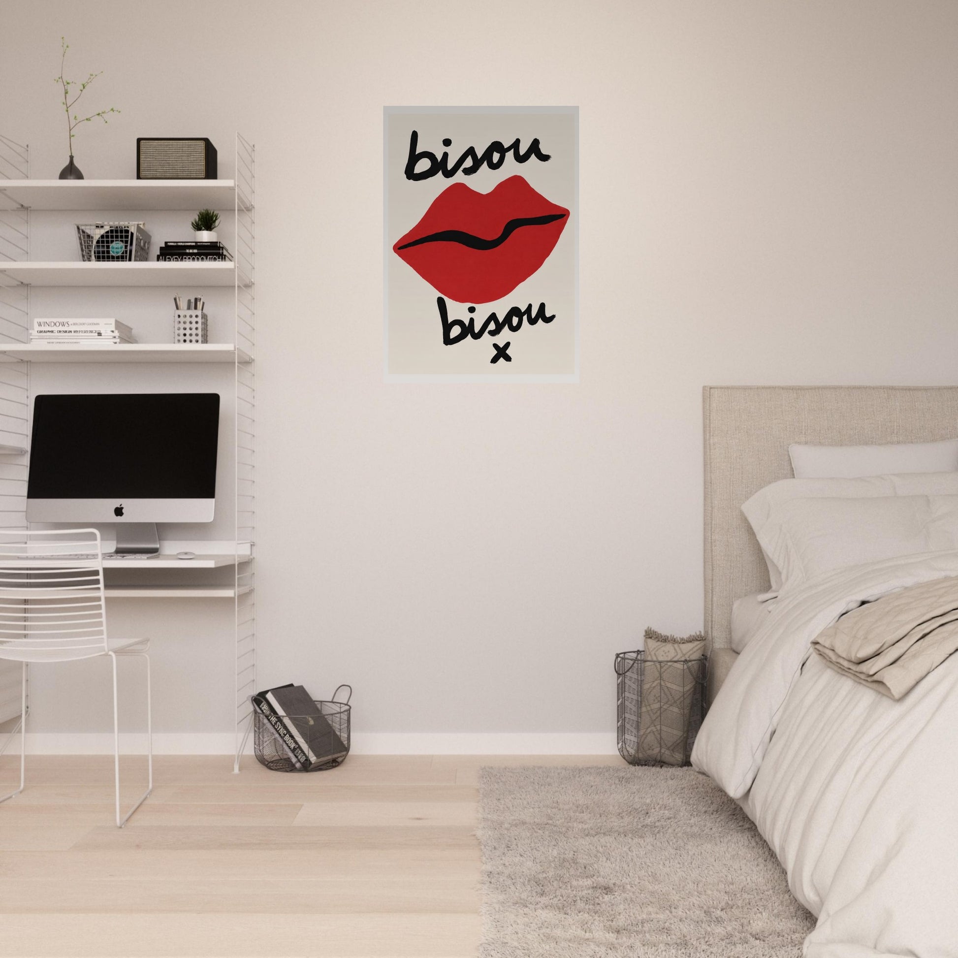 Modern bedroom with a desk, computer, and wall art featuring red lips and the word 'bisou'.
