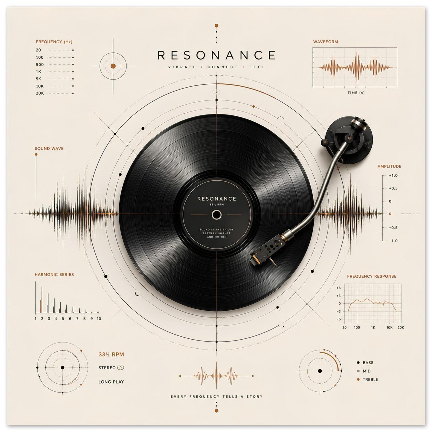 Close-up of the Resonance minimalist vinyl record poster featuring a tonearm, geometric construction lines and copper-accented sound diagrams.
