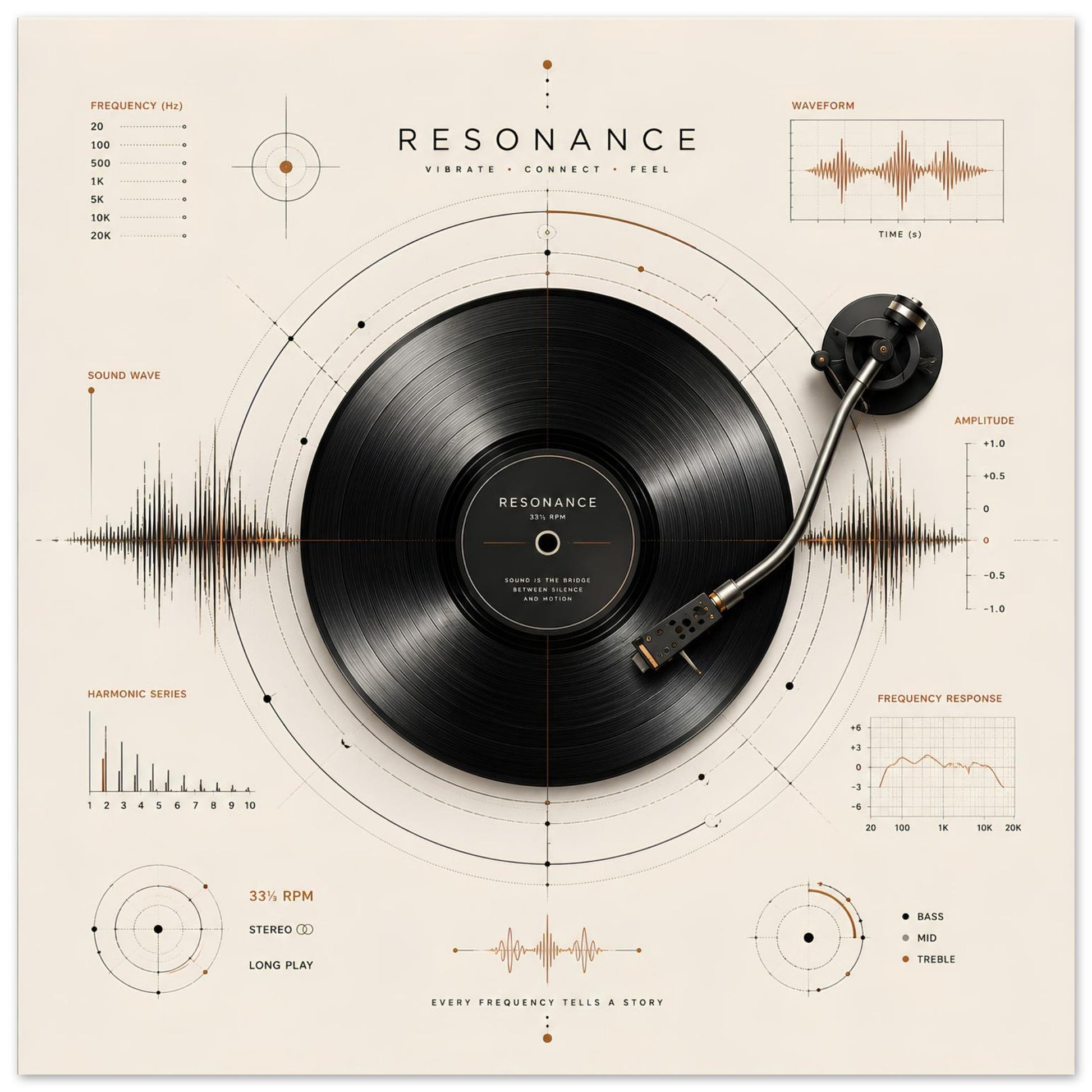 Close-up of the Resonance minimalist vinyl record poster featuring a tonearm, geometric construction lines and copper-accented sound diagrams.