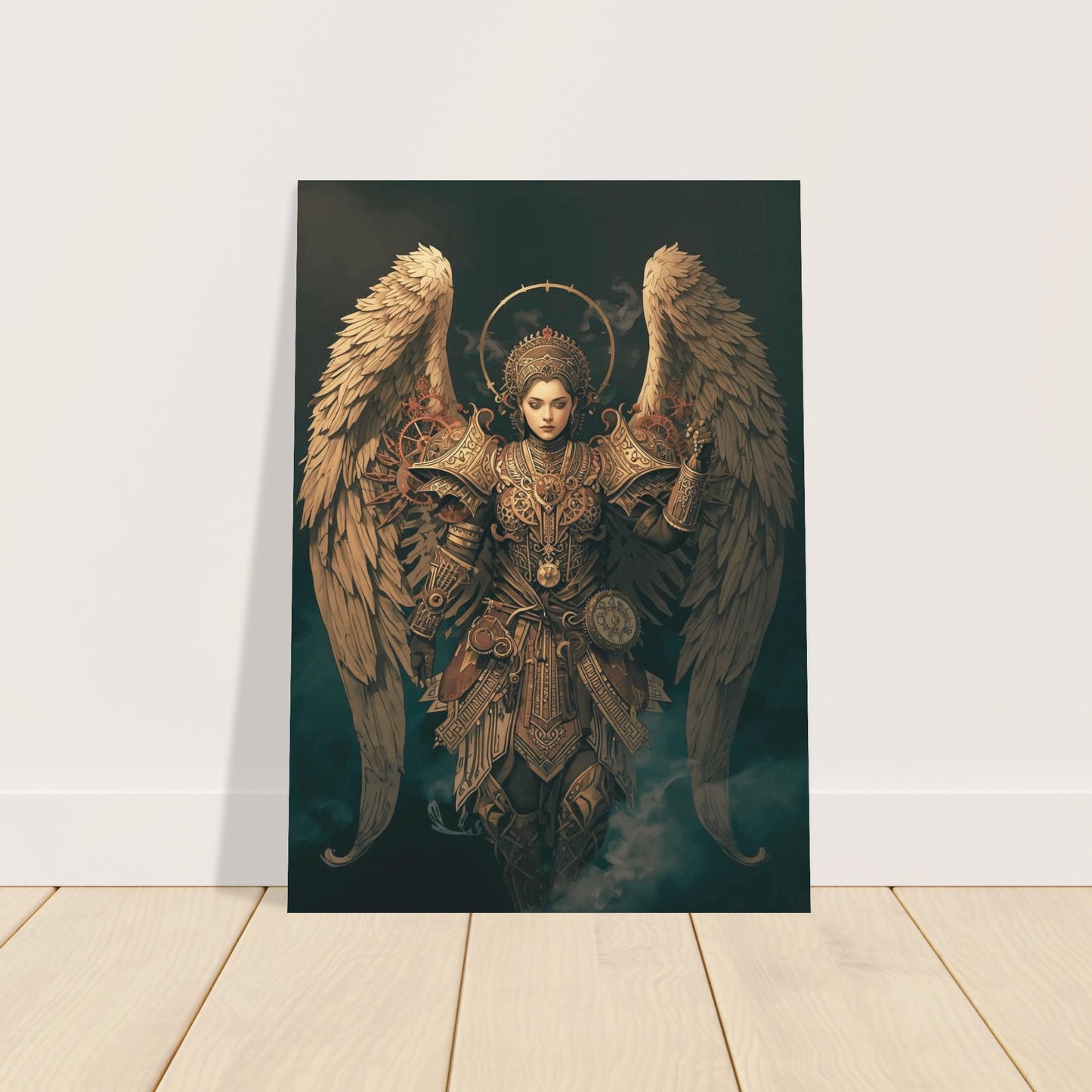 Decorative poster of an angel with detailed wings and attire on a white wall.