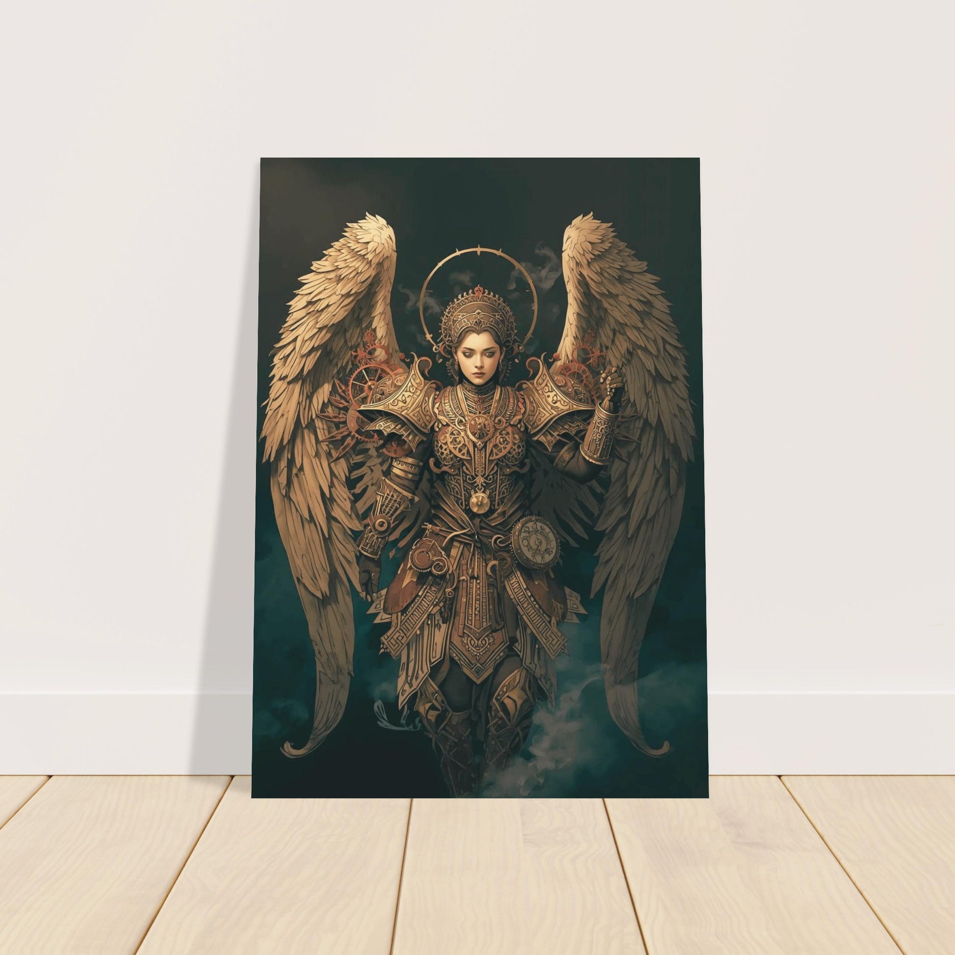 Decorative poster of an angel with detailed wings and attire on a white wall.