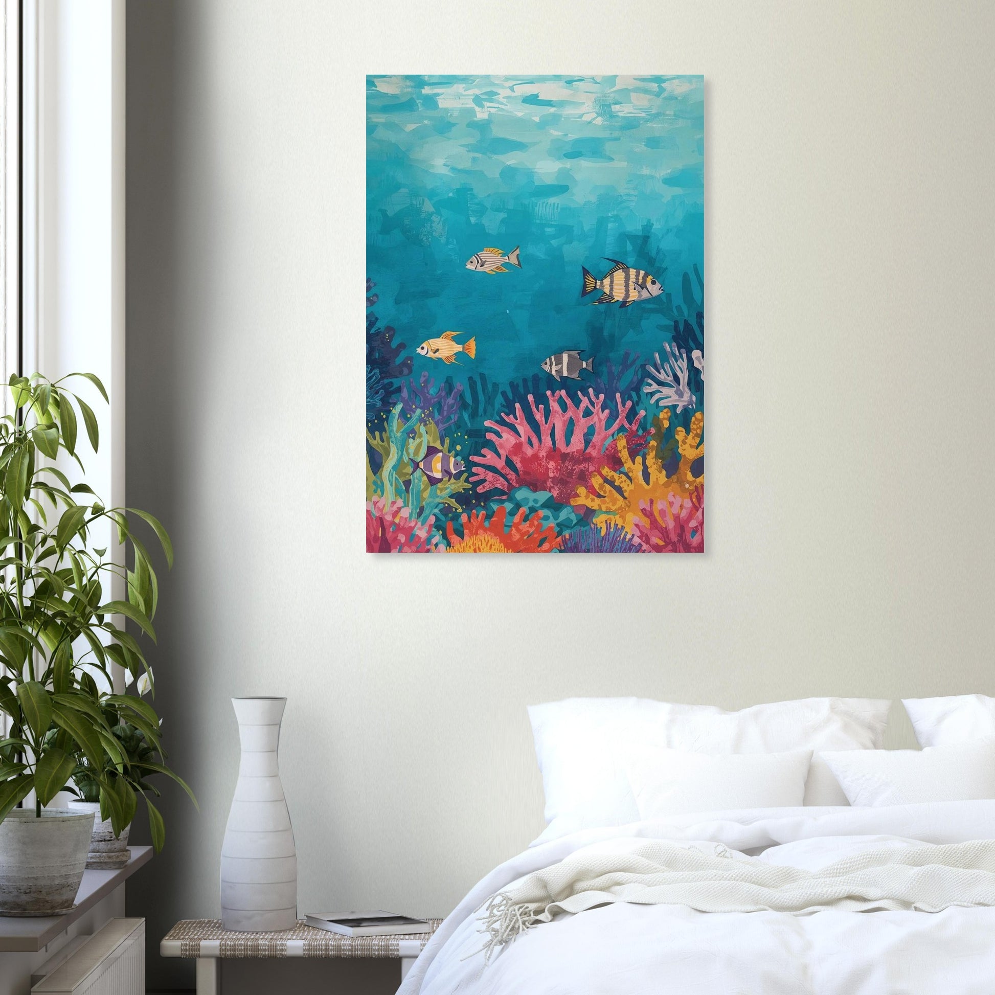 Colorful underwater scene painting on a wall above a bed