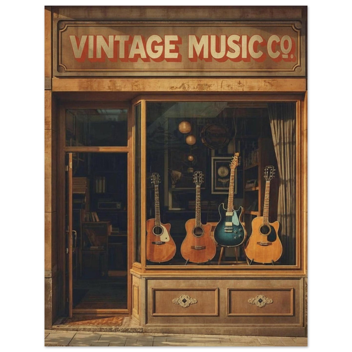Vintage Music Co. store front with guitars in the window