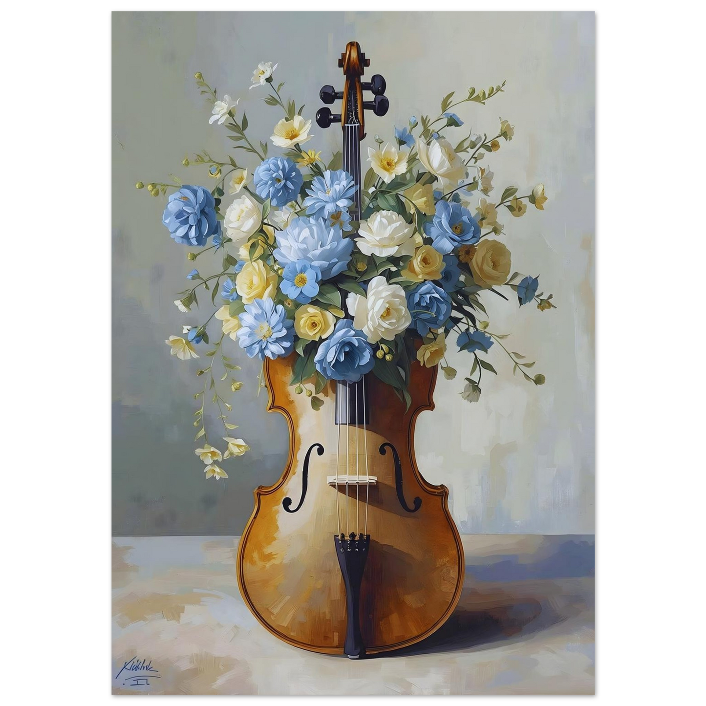 Blooming Symphony: Elegant Cello Wall Art Poster - Floral Oil Painting Print