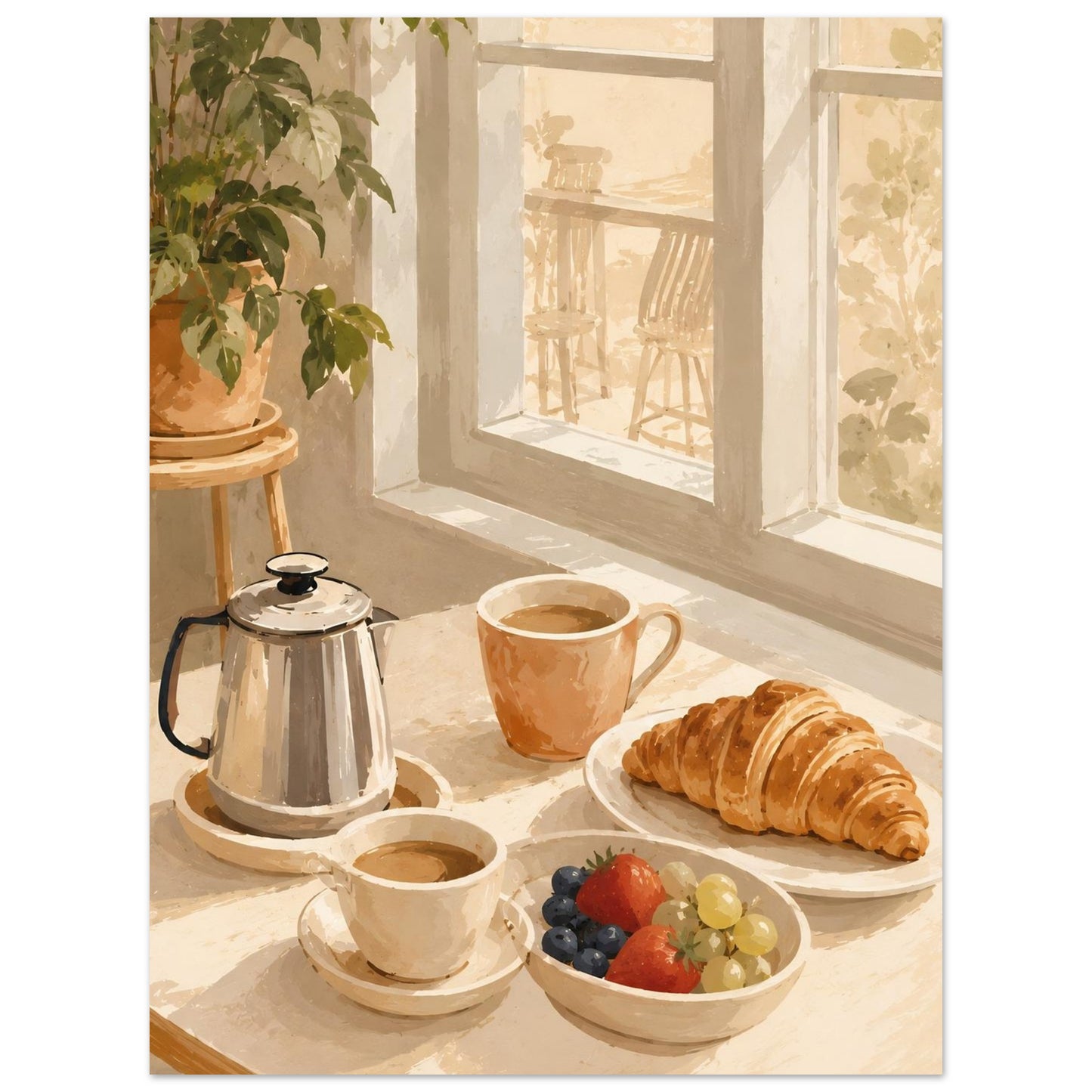 Close-up of watercolour breakfast wall art featuring coffee cups, croissant and fruit in soft morning light