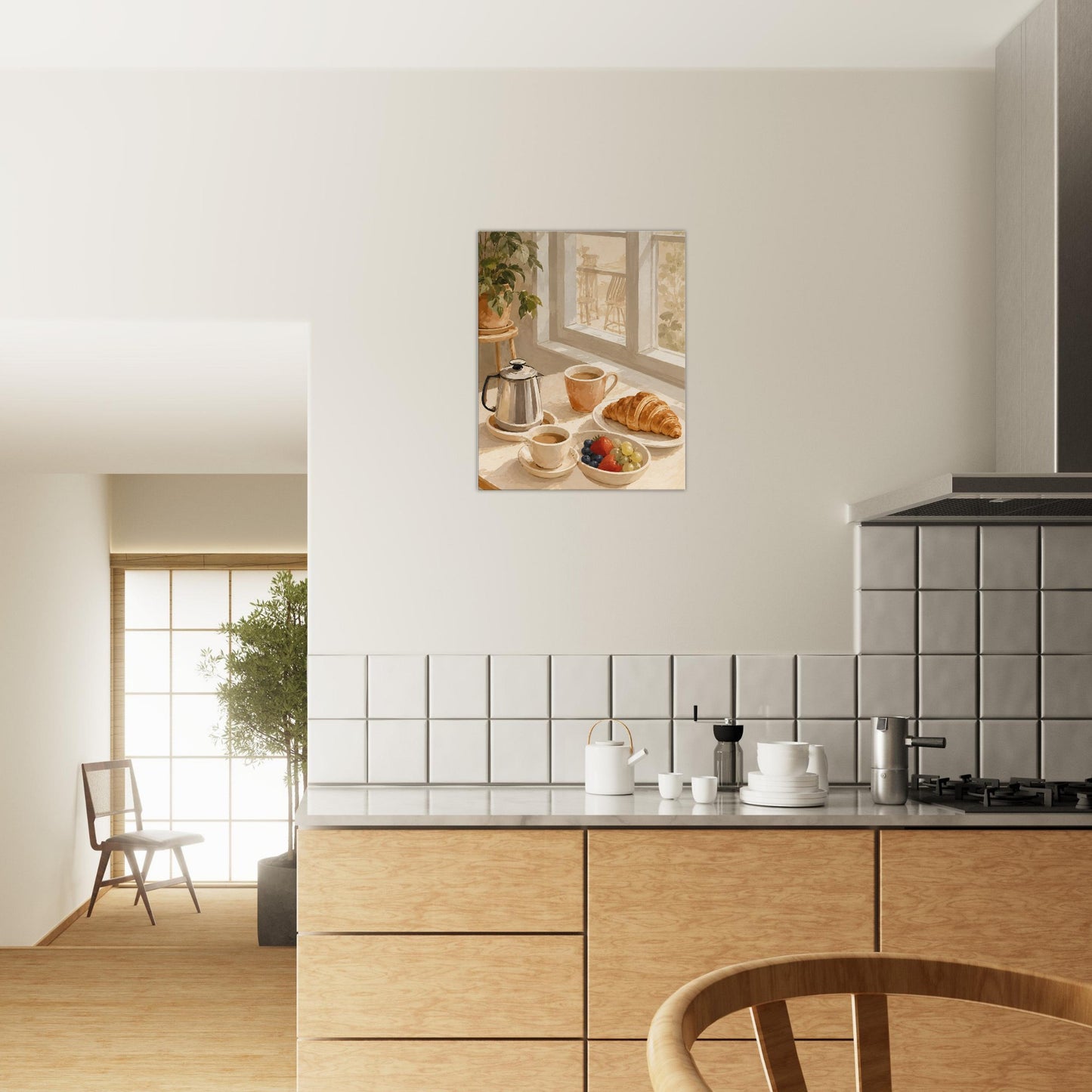 Breakfast coffee wall art displayed on dark green wall in cosy modern interior