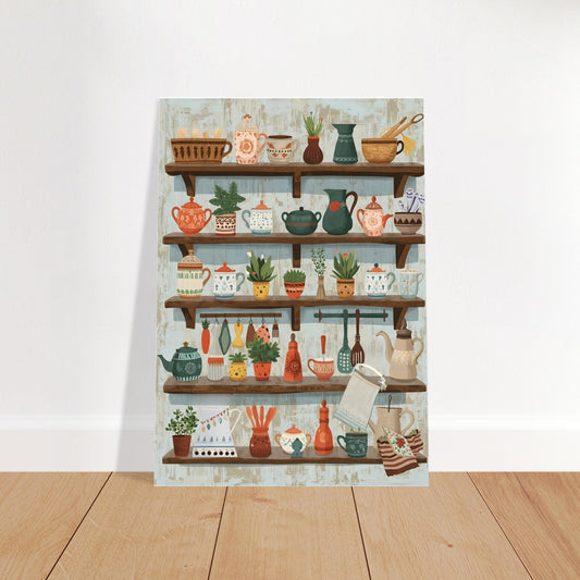 Colorful kitchen wall art poster with shelves and utensils displayed in modern room
