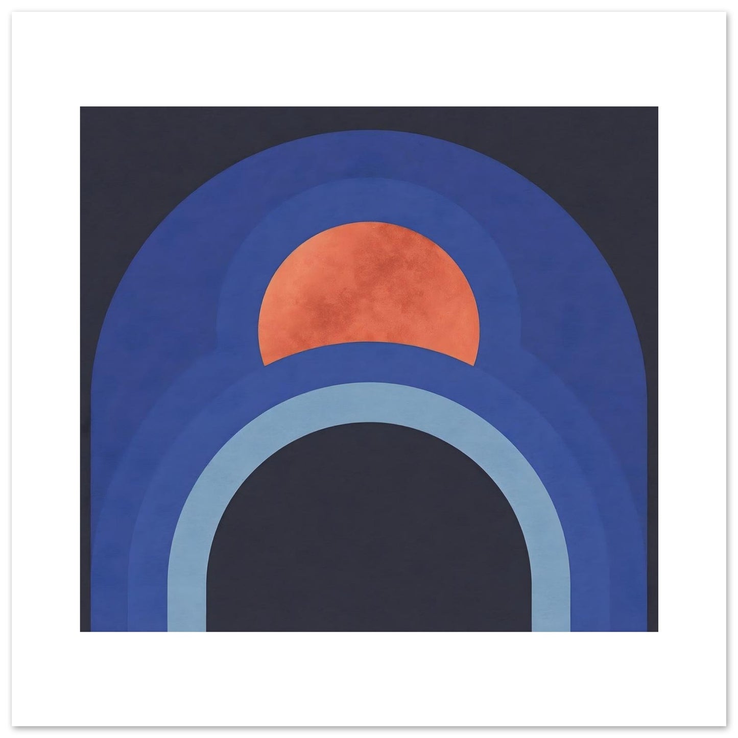 Close-up of modern abstract arch wall art with warm terracotta sun detail