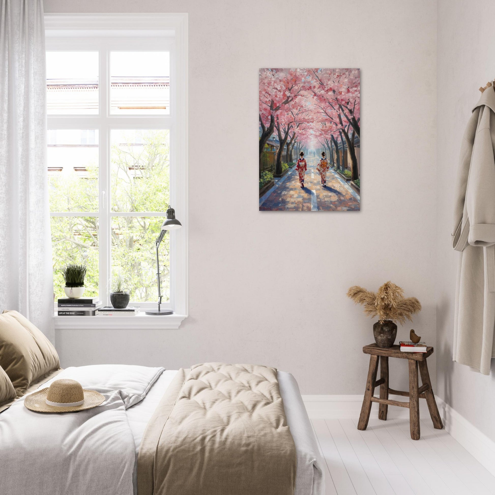 Bedroom with a painting of cherry blossoms on the wall