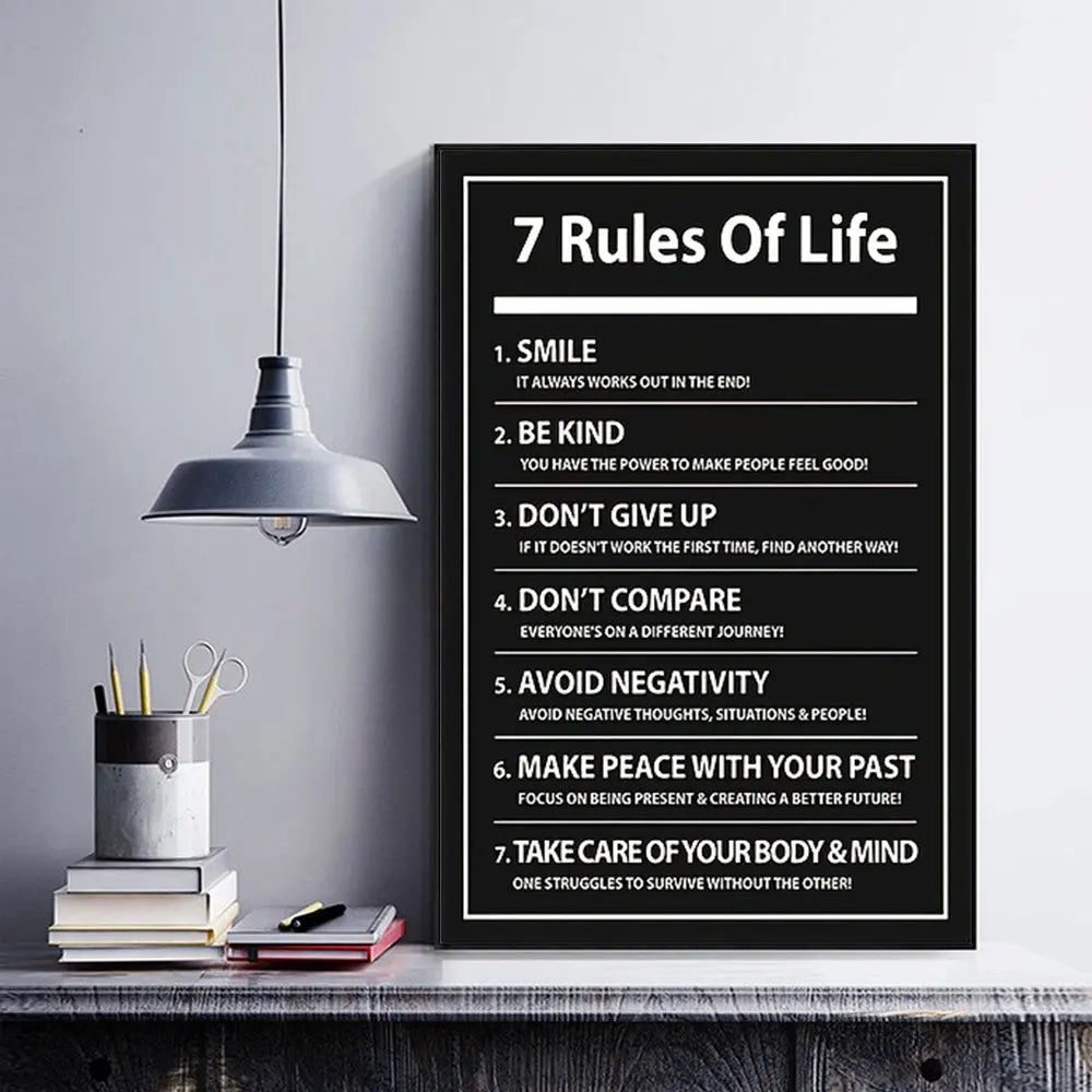 7 Rules of Life black and white motivational typography poster – modern minimalist wall art