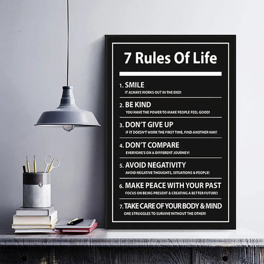 7 Rules of Life black and white motivational typography poster – modern minimalist wall art