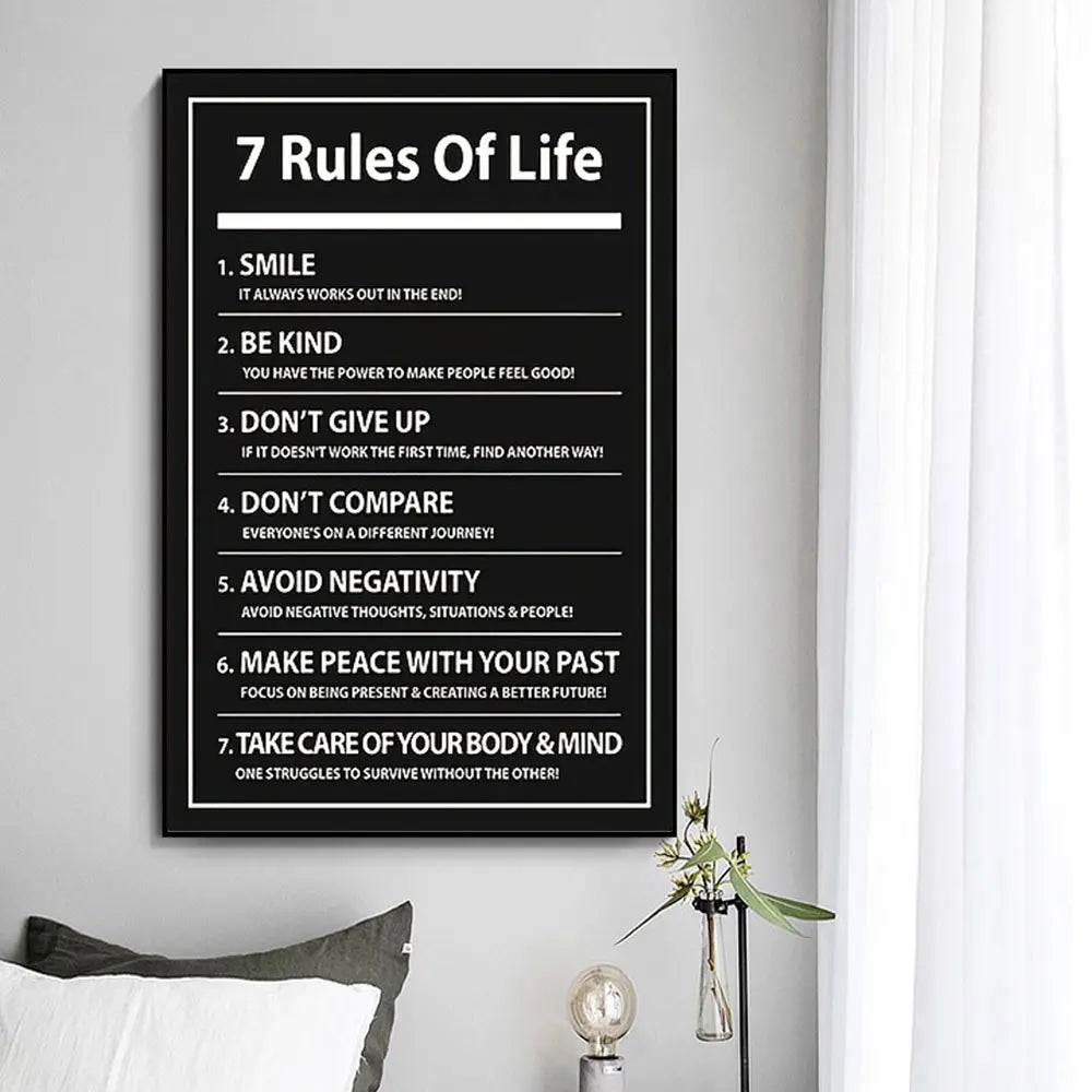 Framed '7 Rules of Life' poster on a wall with decorative elements.