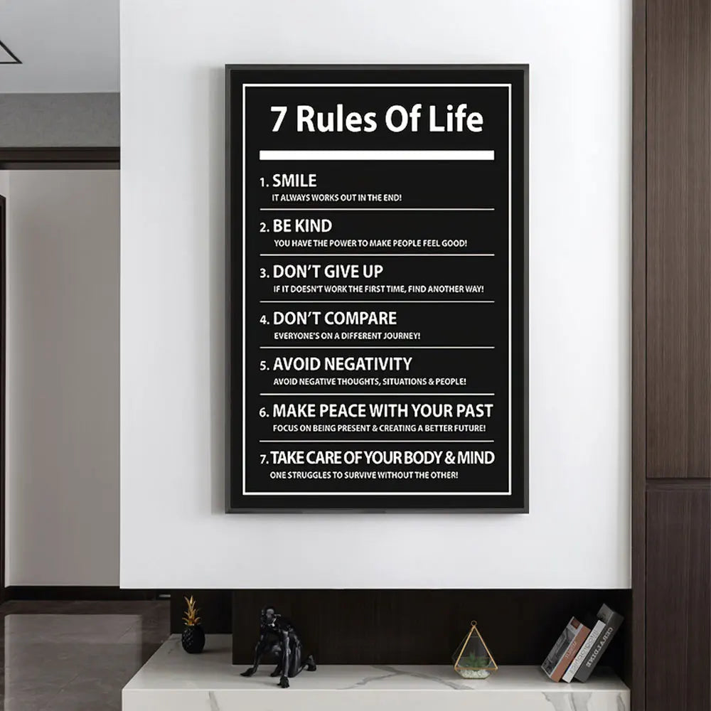 Framed '7 Rules of Life' poster on a wall with decorative items below.