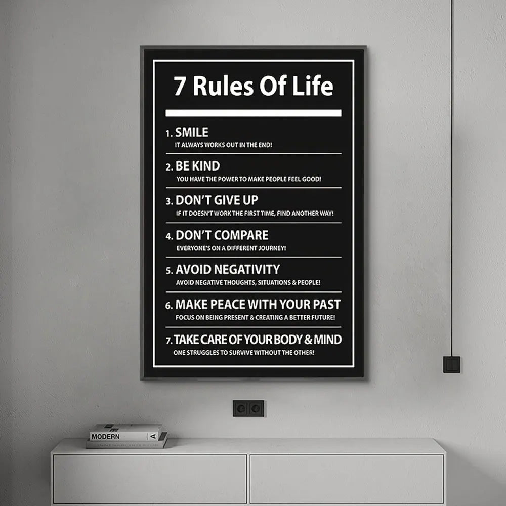 Framed poster with '7 Rules of Life' on a gray wall.