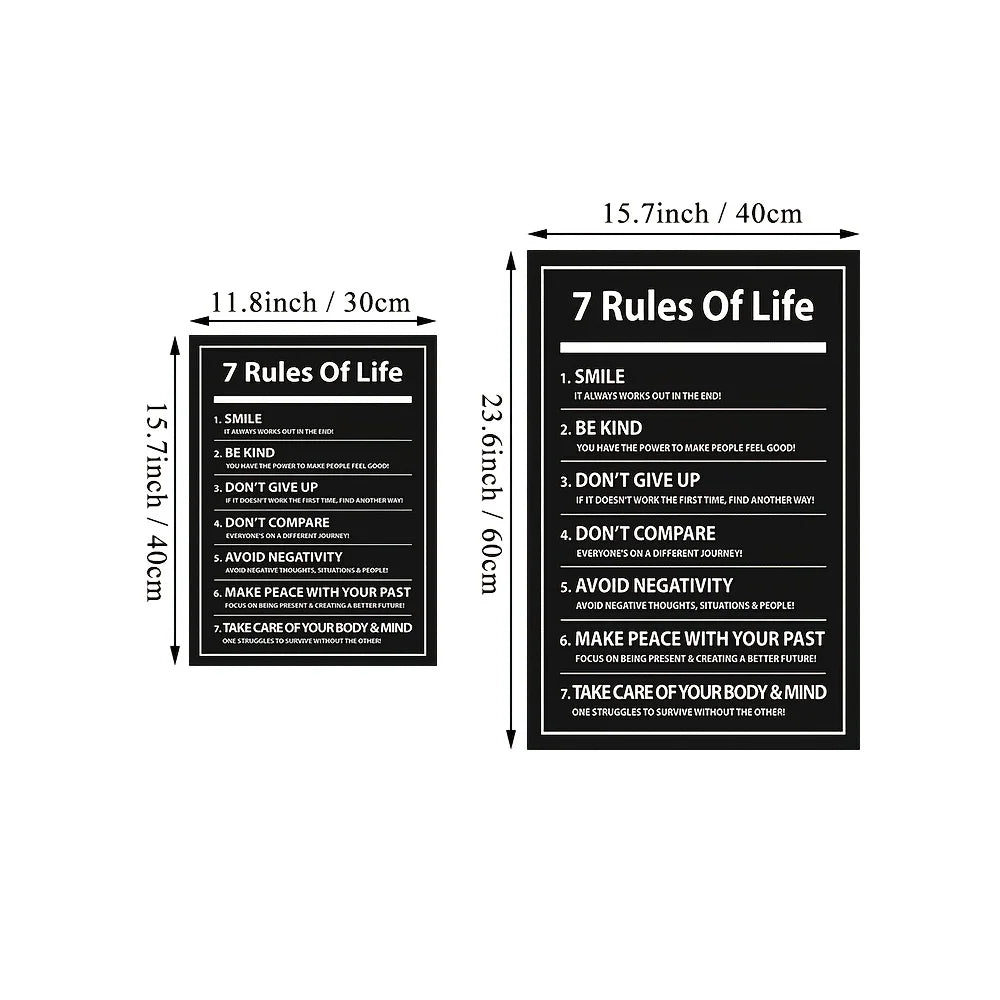 Two black and white '7 Rules of Life' posters with dimensions displayed.