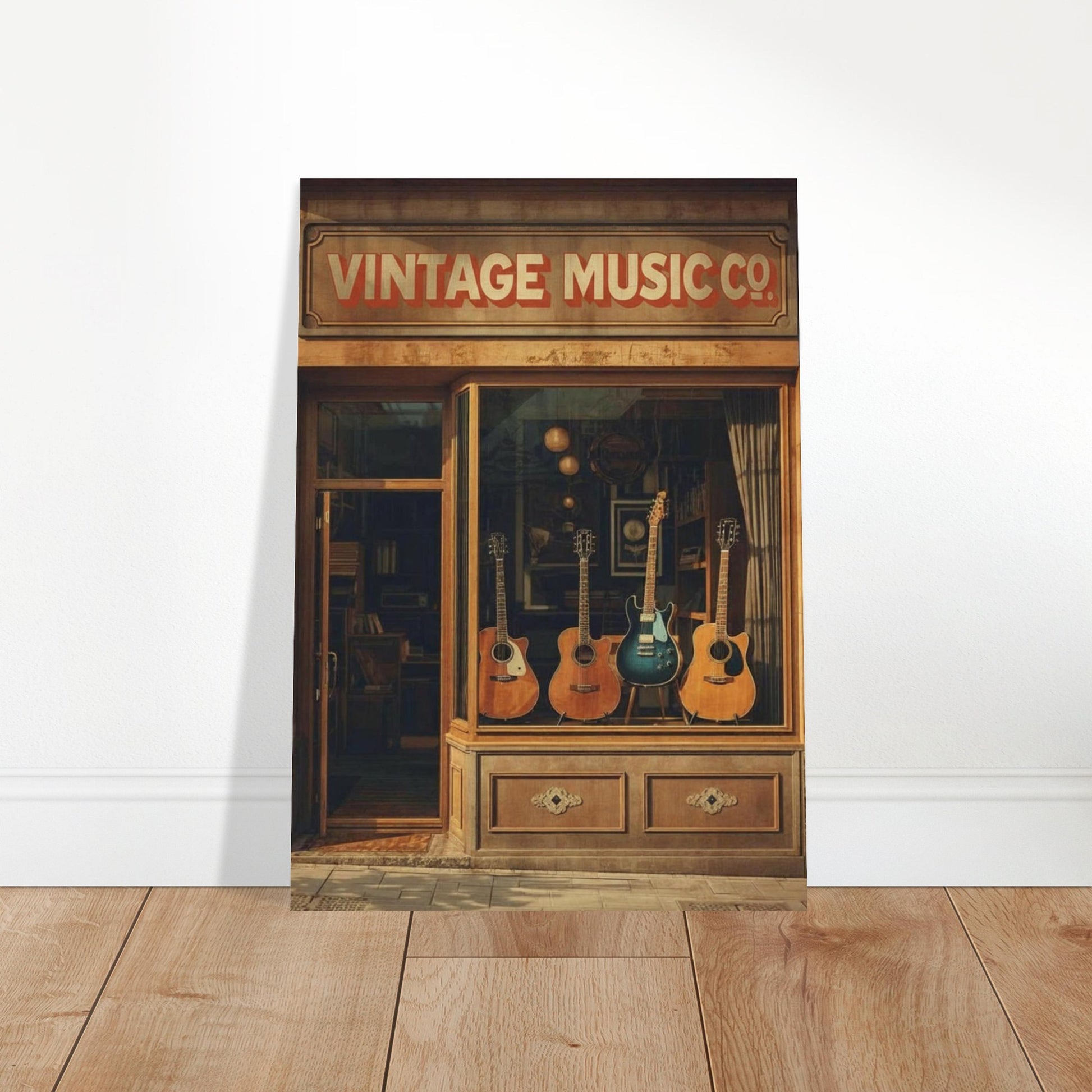 Vintage guitar wall art displayed in open room with wooden floors and sunlight