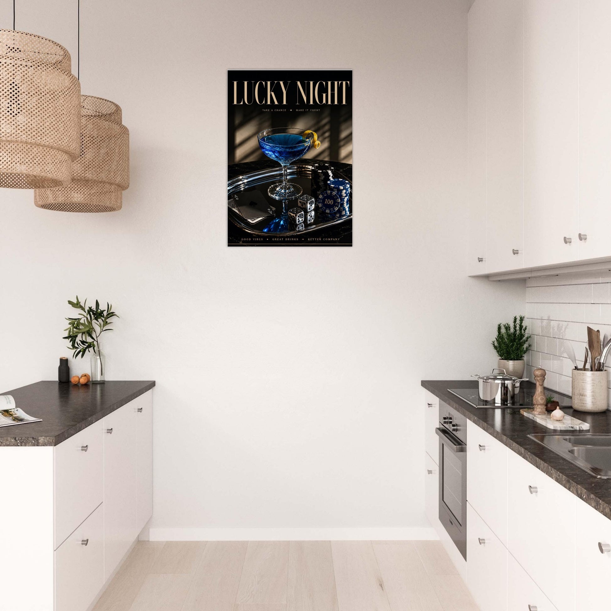 LUCKY NIGHT luxury casino poster styled against dark navy feature wall with modern pendant lighting