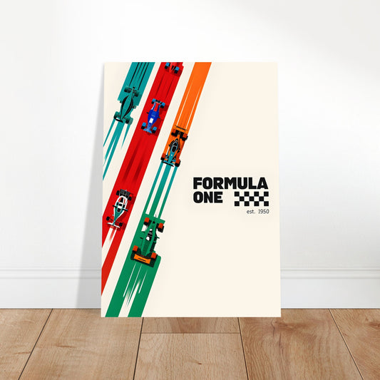 Retro Formula 1 racing poster featuring a vintage-inspired race car and bold stripes, printed on matte paper and displayed in a minimal modern interior.