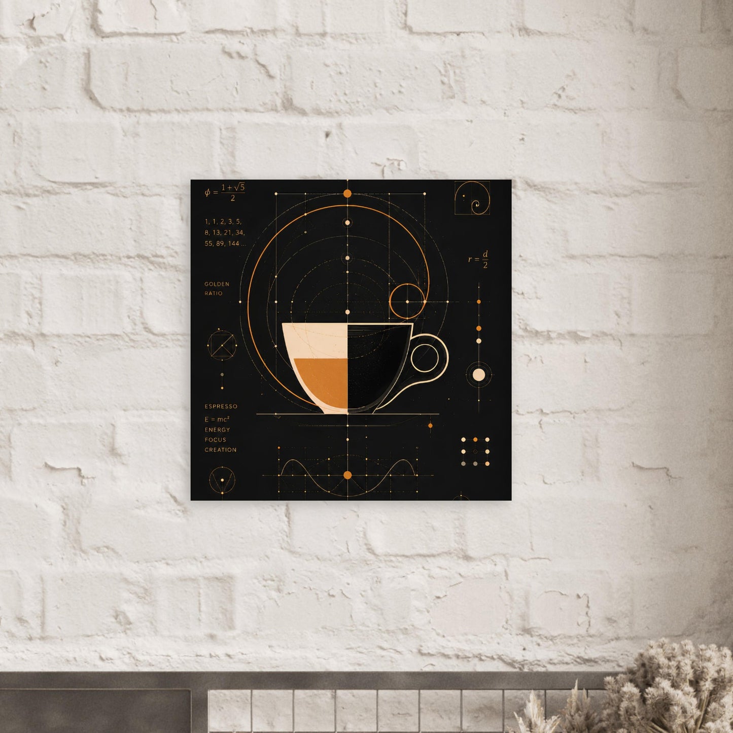 Scientific espresso wall art displayed above a white brick fireplace in a contemporary interior.