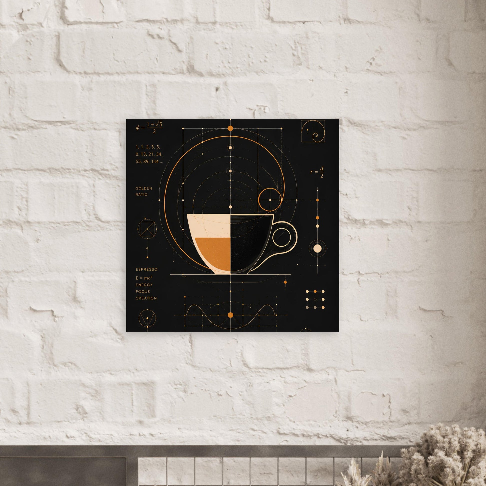 Scientific espresso wall art displayed above a white brick fireplace in a contemporary interior.