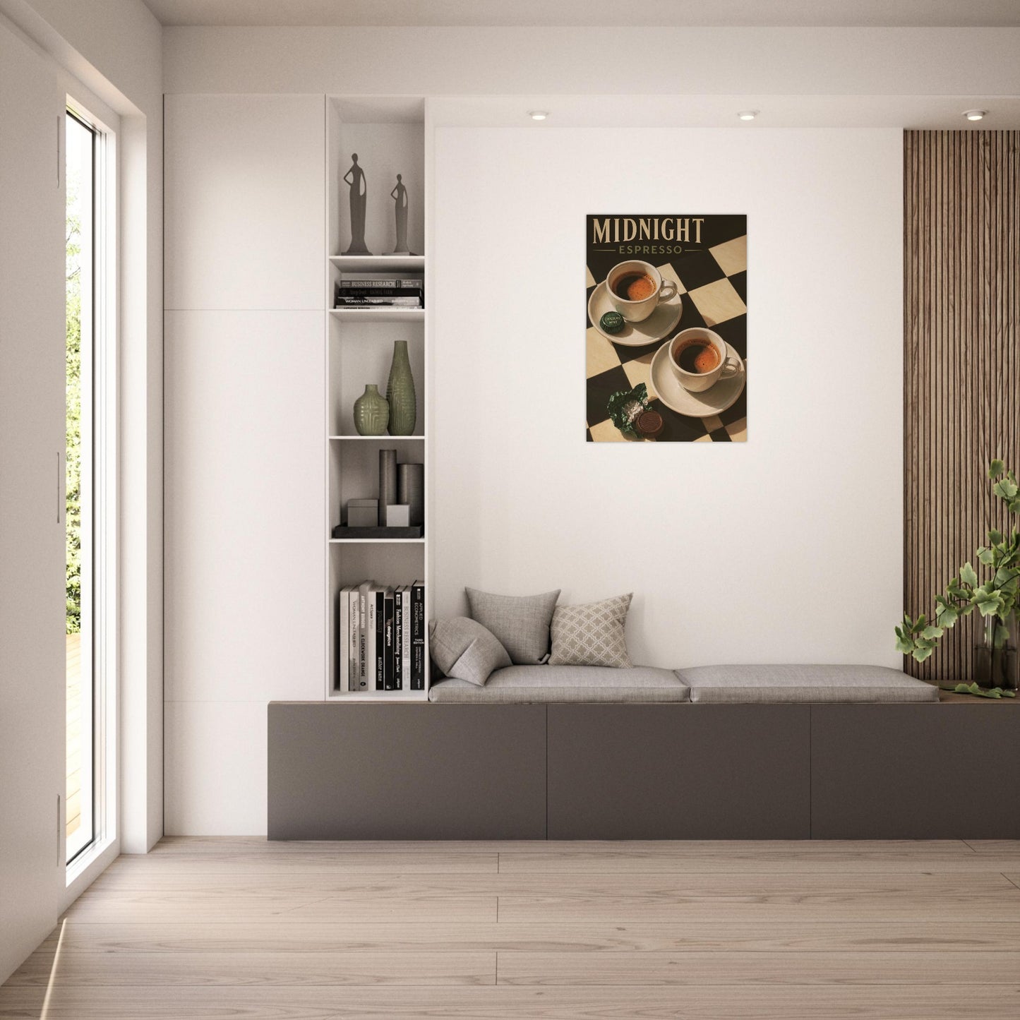 Midnight Espresso retro coffee wall art featured in a contemporary neutral living room interior.