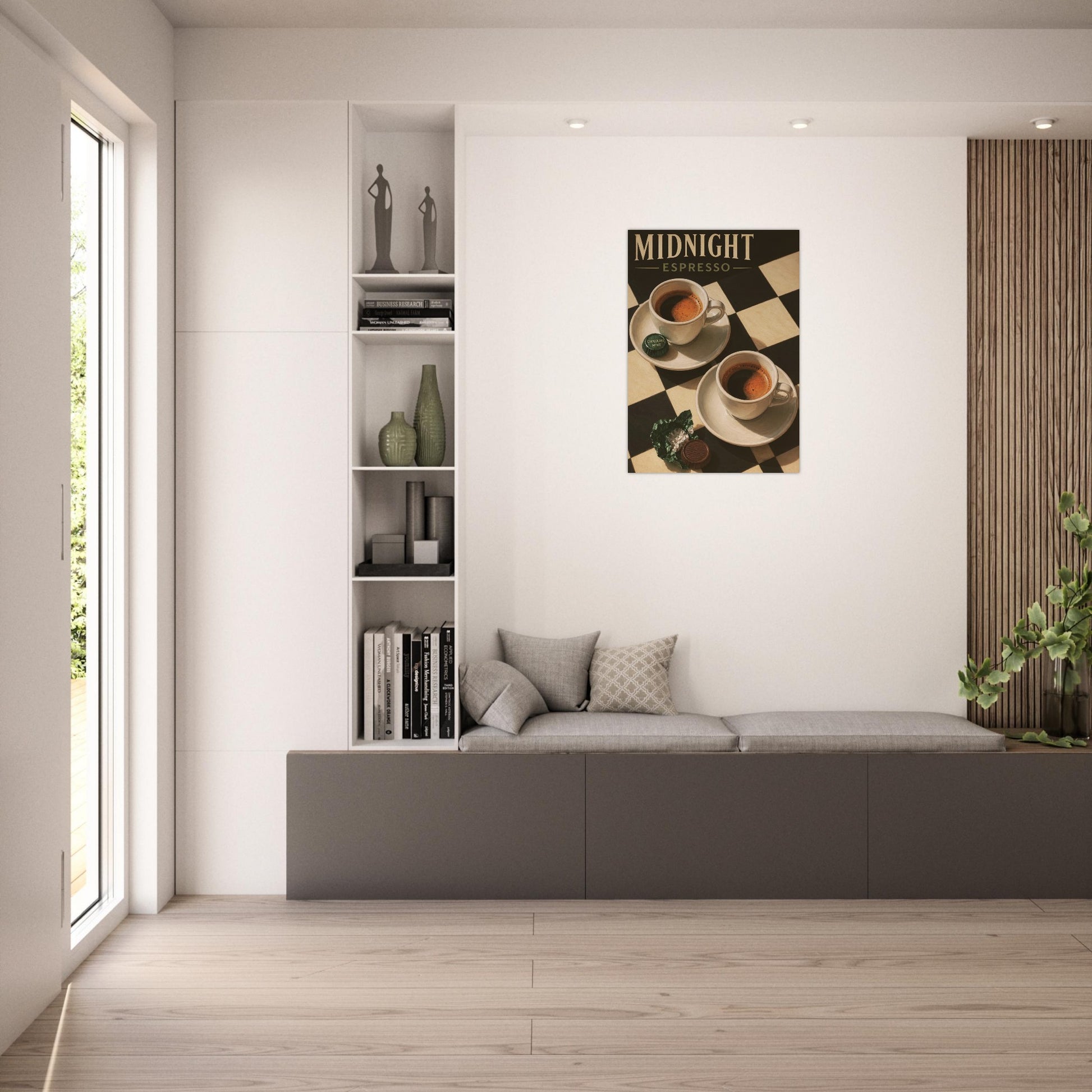 Midnight Espresso retro coffee wall art featured in a contemporary neutral living room interior.
